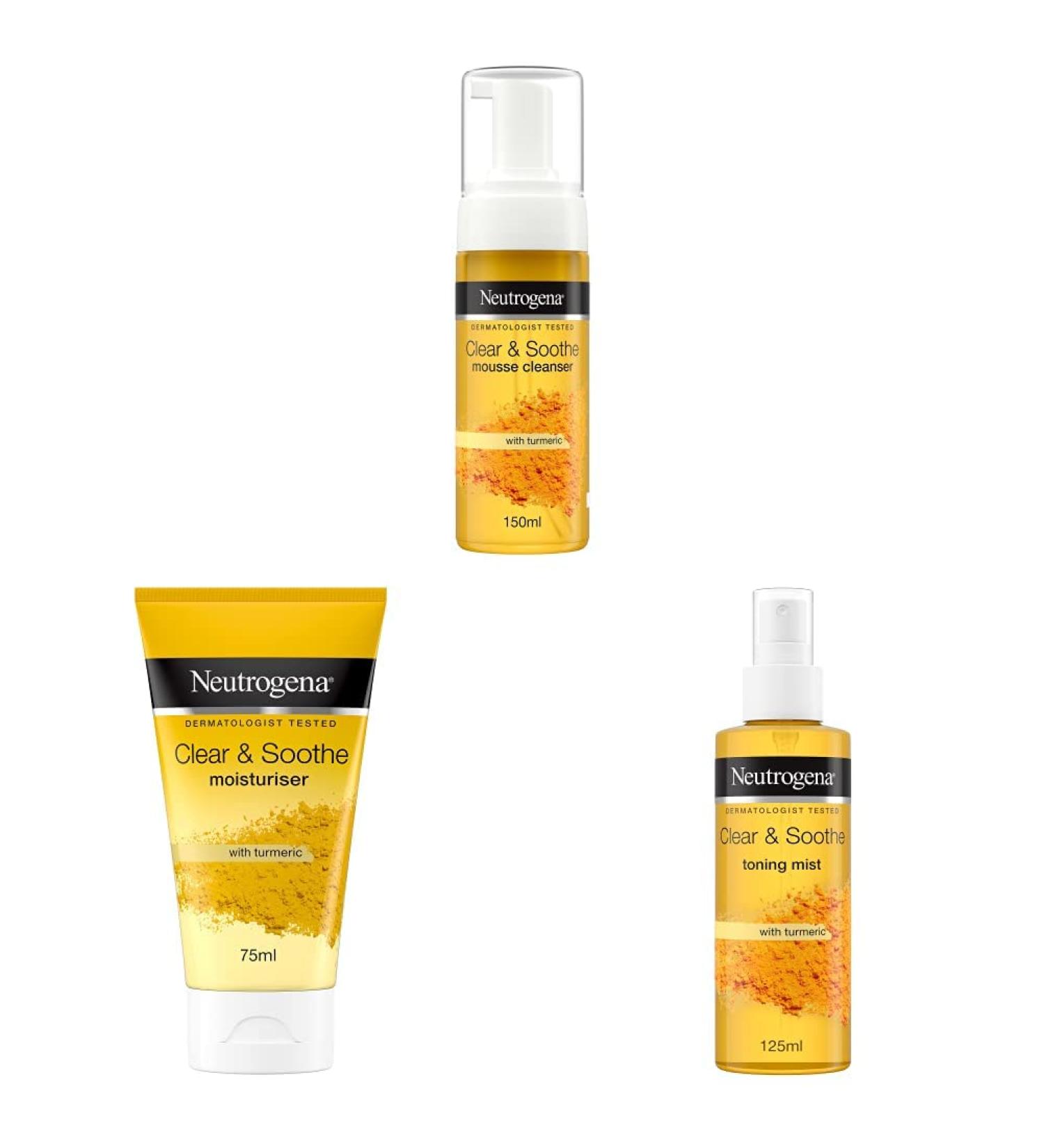 Neutrogena Clear & Soothe 3-Step Skincare Bundle Set | With Tumeric | For Spot-Prone Skin | Cleanser Moisturiser Mist 3 Piece Set 3-Step Regime Bundle - Buy Online on GoSupps.com