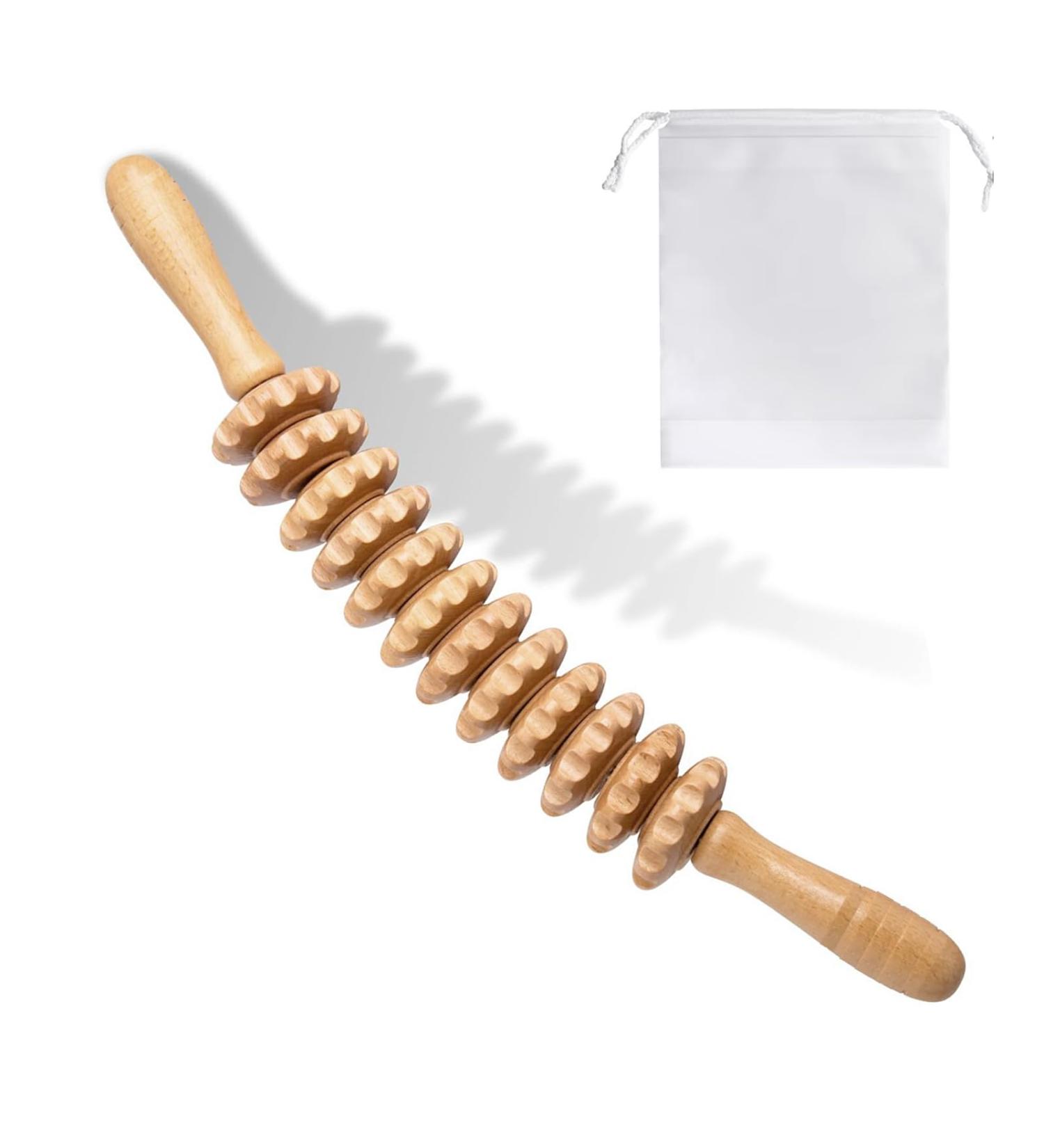 Wooden Fascia Roll & Massage Roller with Handle | Anti-Cellulite Device for Muscle Relaxation & Gua Sha | Beech Wood Body Shaping Tool - Buy Online on GoSupps.com