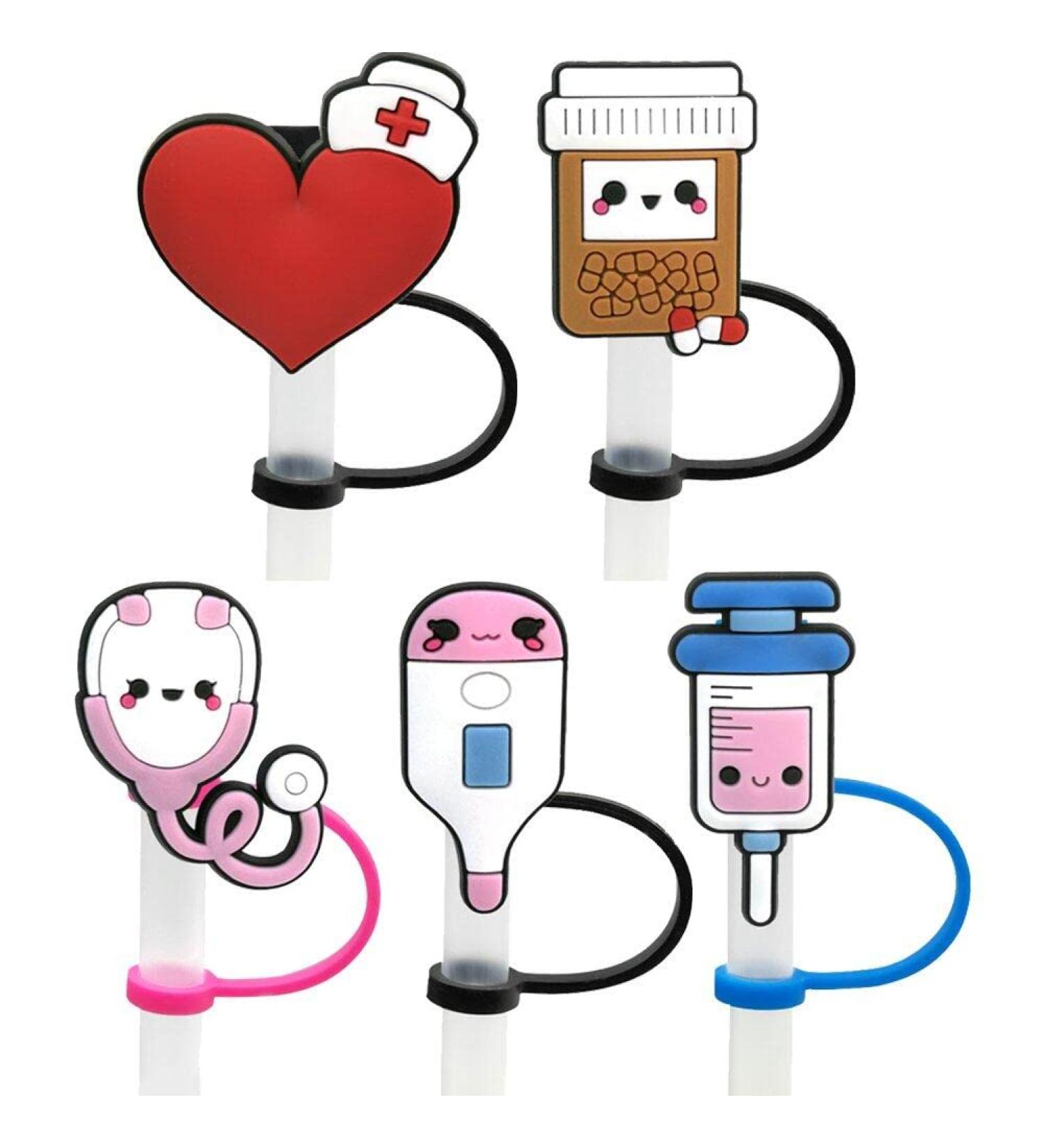5pcs Straw Caps Covers PVC Silicone Stethoscope School Grad Party Decor Plugs Toppers Tumblers Cartoon Tips Style 1 - Buy Online on GoSupps.com