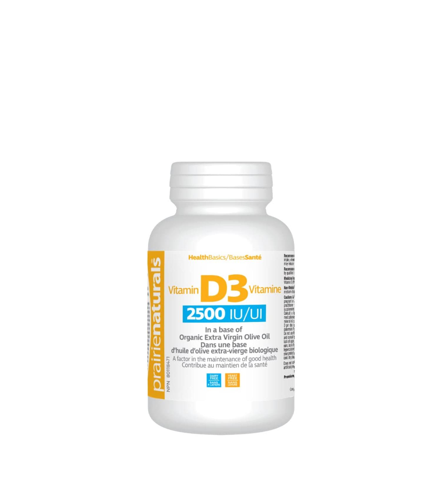 Prairie Naturals Vitamin D3 Cholecalciferol 2 500 IU in Organic Extra-Virgin Olive Oil Softgel - 90 Count - Buy Online on GoSupps.com