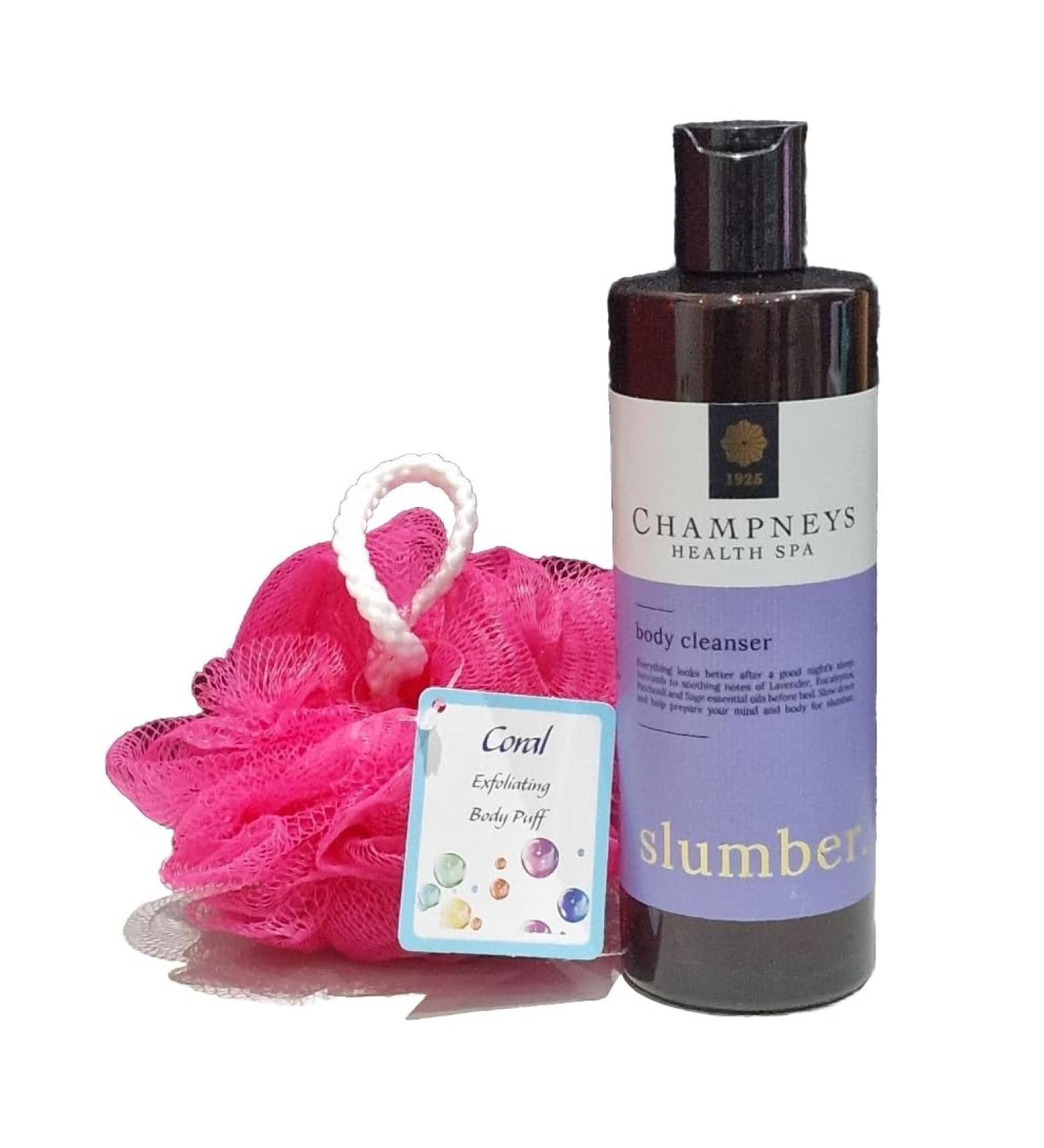 Champneys Health Spa Slumber Body Cleanser 350ml WITH Coral body puff Any Colour - Buy Online on GoSupps.com