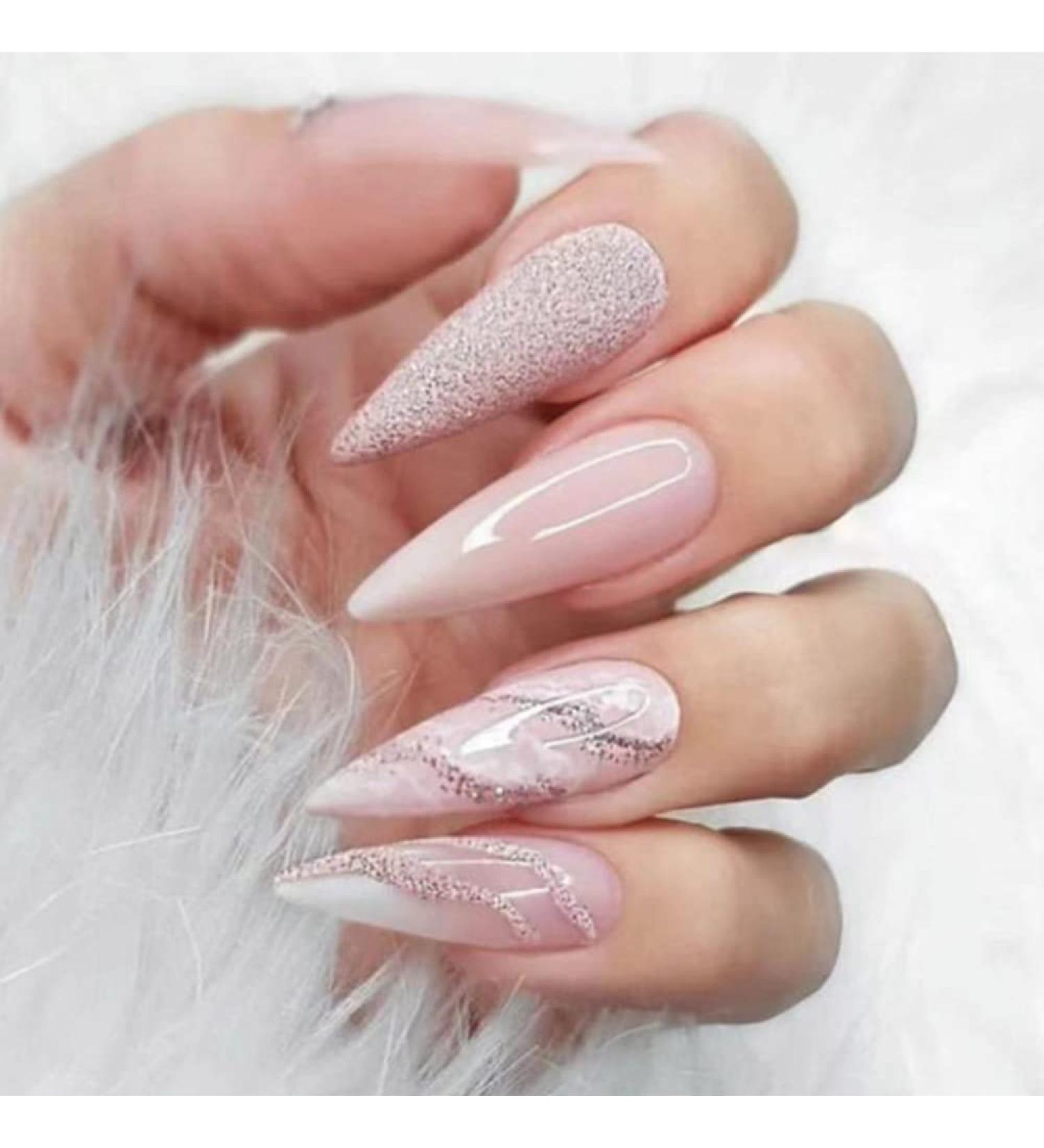 YoYoee Stiletto Luxury False Nails - 24PCS Long Marble & Glitter Acrylic Press-On Nails for Women & Girls - Buy Online on GoSupps.com