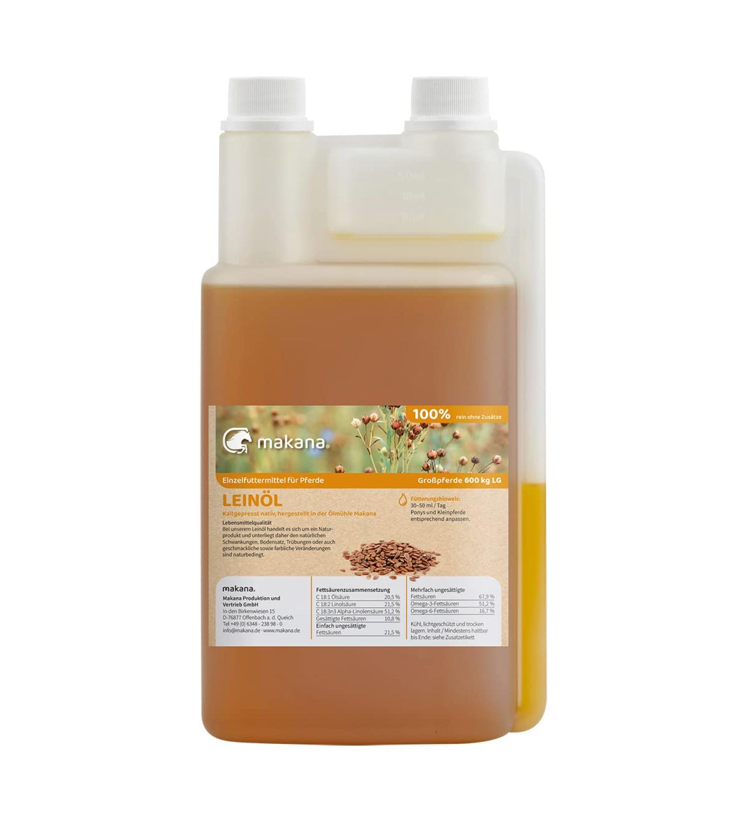 Buy 100% Pure Cold-Pressed Makana Linseed Oil for Animals - 1000ml Dosing Bottle - Buy Online on GoSupps.com