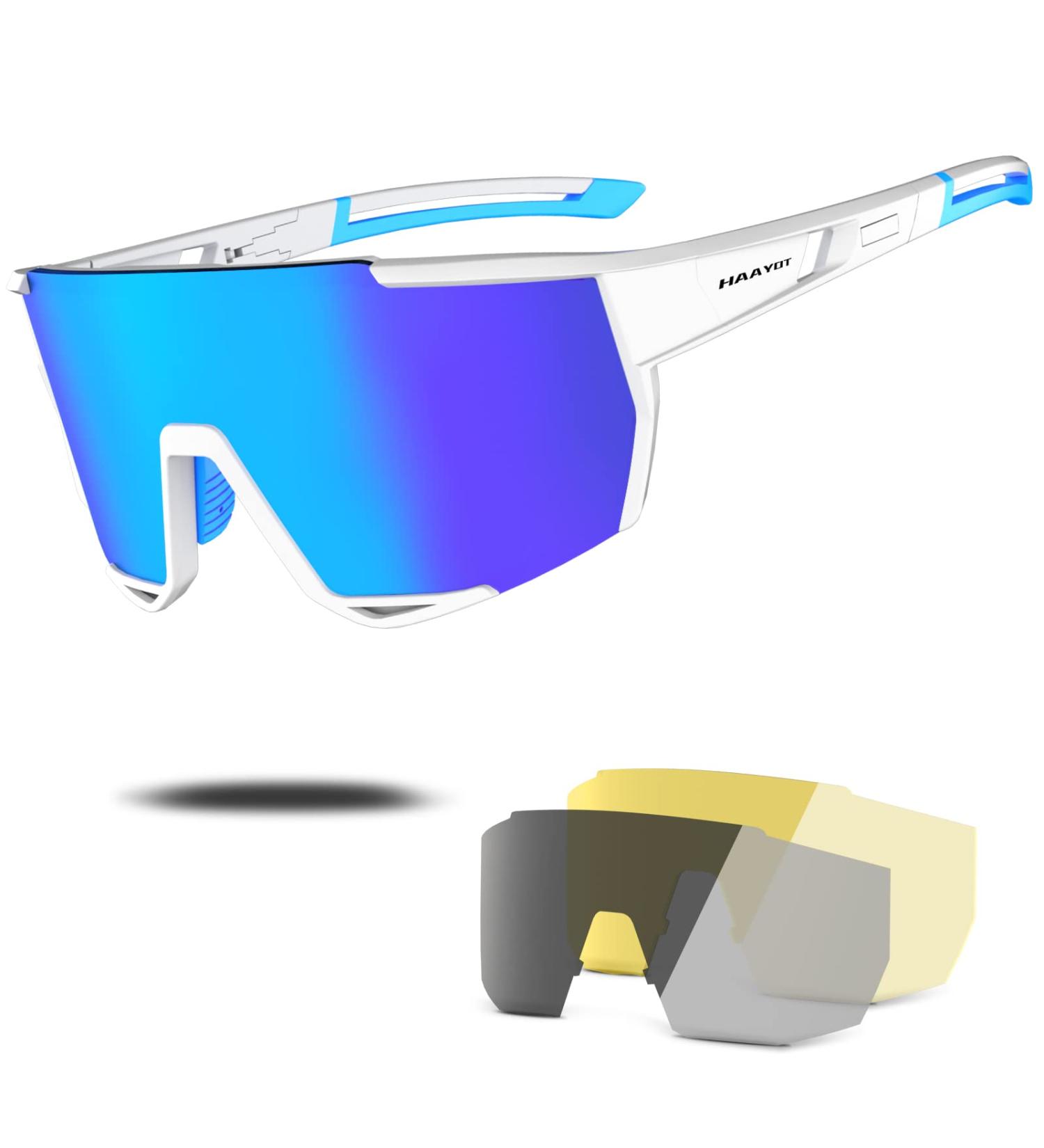 HAAYOT Polarized Cycling Baseball Sunglasses for Men and Women - 3 Interchangeable Lenses - White & Blue - Buy Online on GoSupps.com