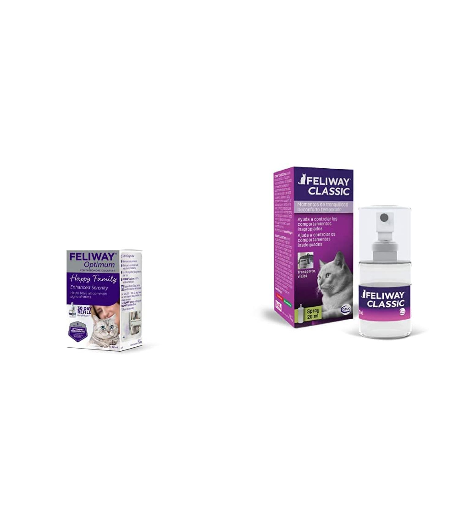 Feliway Optimum refill the best solution to ease cat anxiety cat conflict and stress in the home & Classic 20ml Spray comforts cats and helps solve behavioural issues and stress - 20ml + Classic 20ml Spray - Buy Online on GoSupps.com