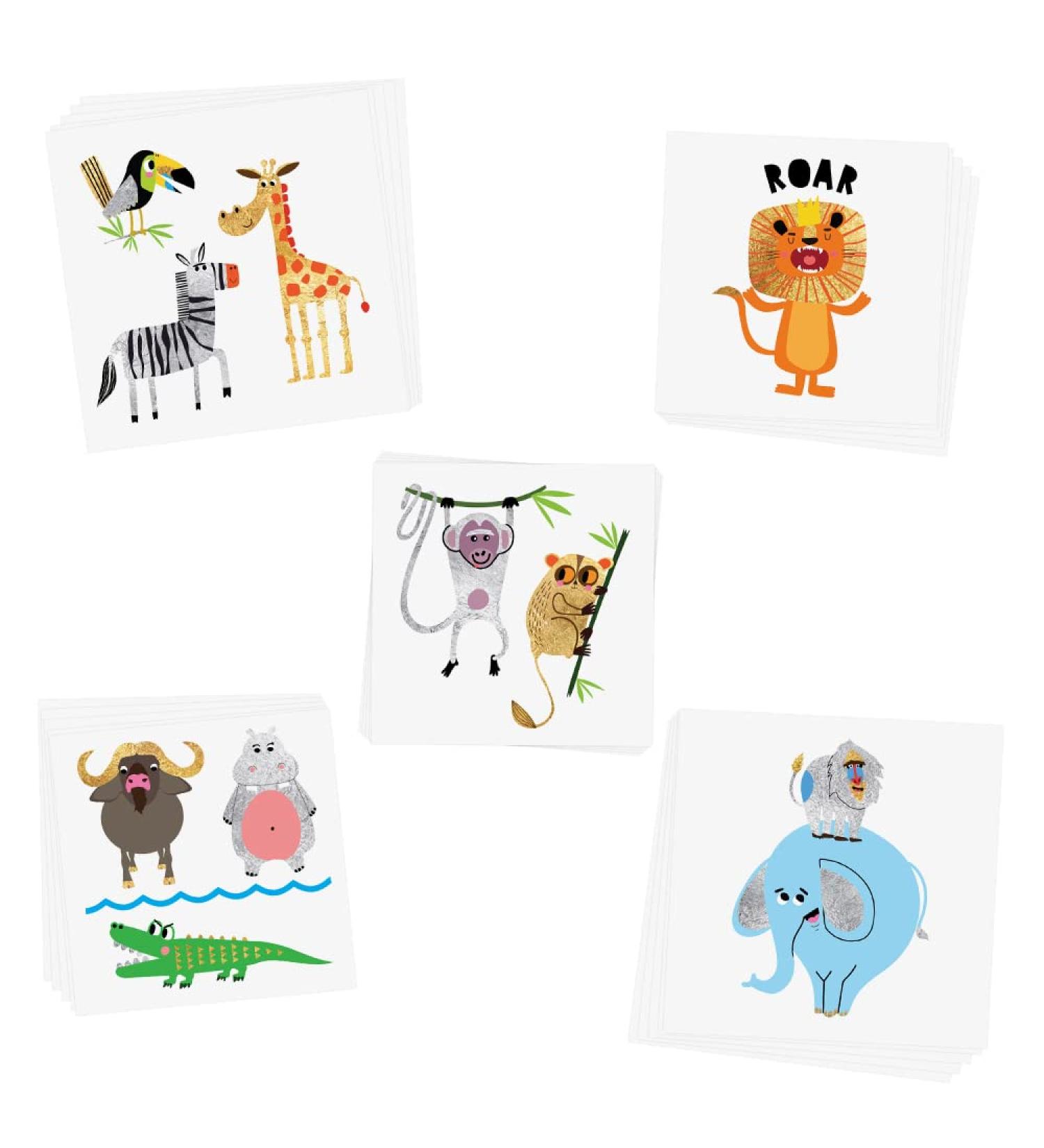 Safari Adventure Variety Set - 25 Premium Waterproof Metallic Kids Temporary Tattoos | Animal Party Foil Gold/Silver/Black Flash Tattoos - Buy Online on GoSupps.com