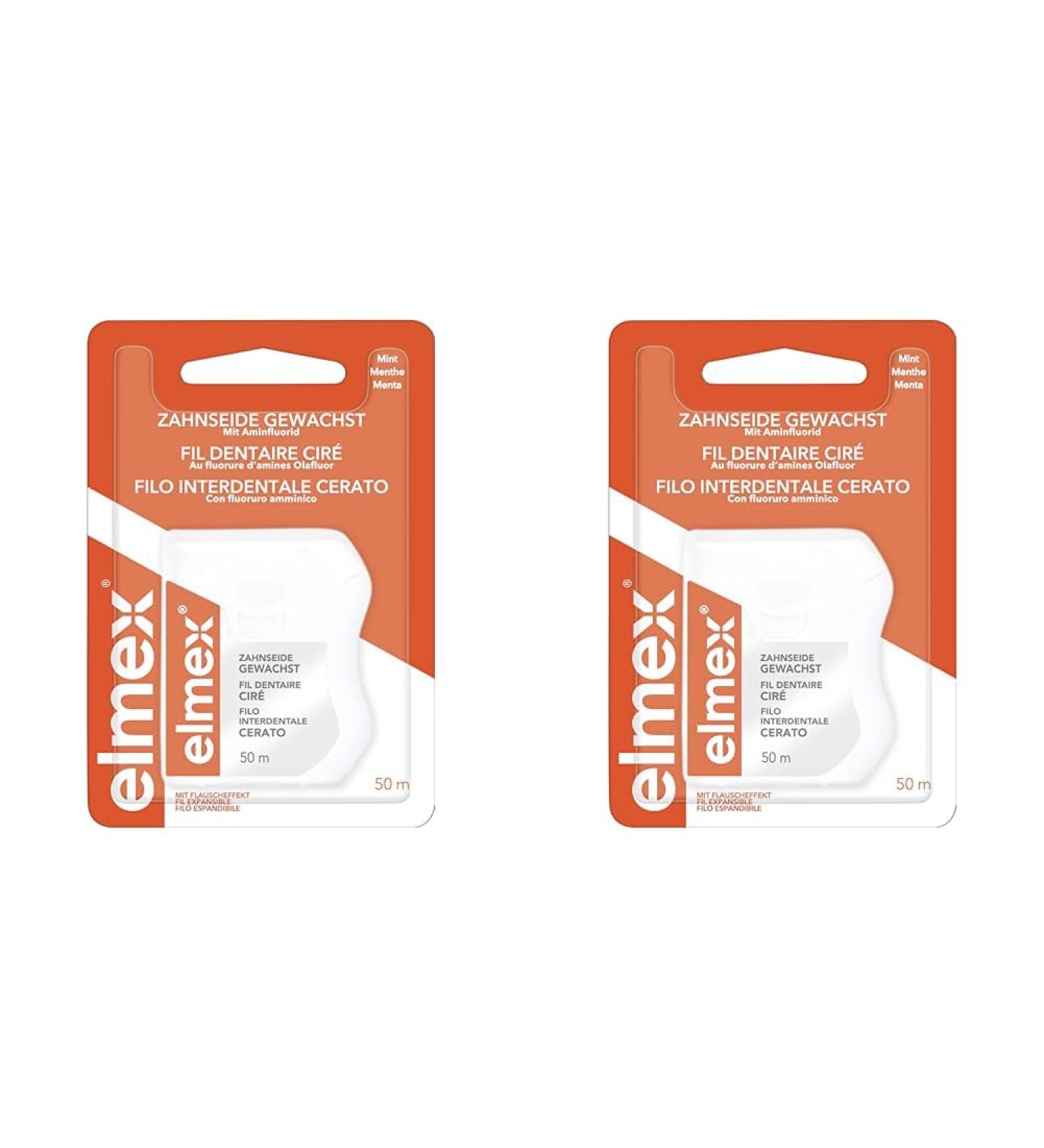 Elmex Dental Floss 50m - Waxed Tooth Tape for Deep Cleaning | Fleece Effect & Aminfluoride - Prevents Cavities & Gum Infections (2 Pack) - Buy Online on GoSupps.com