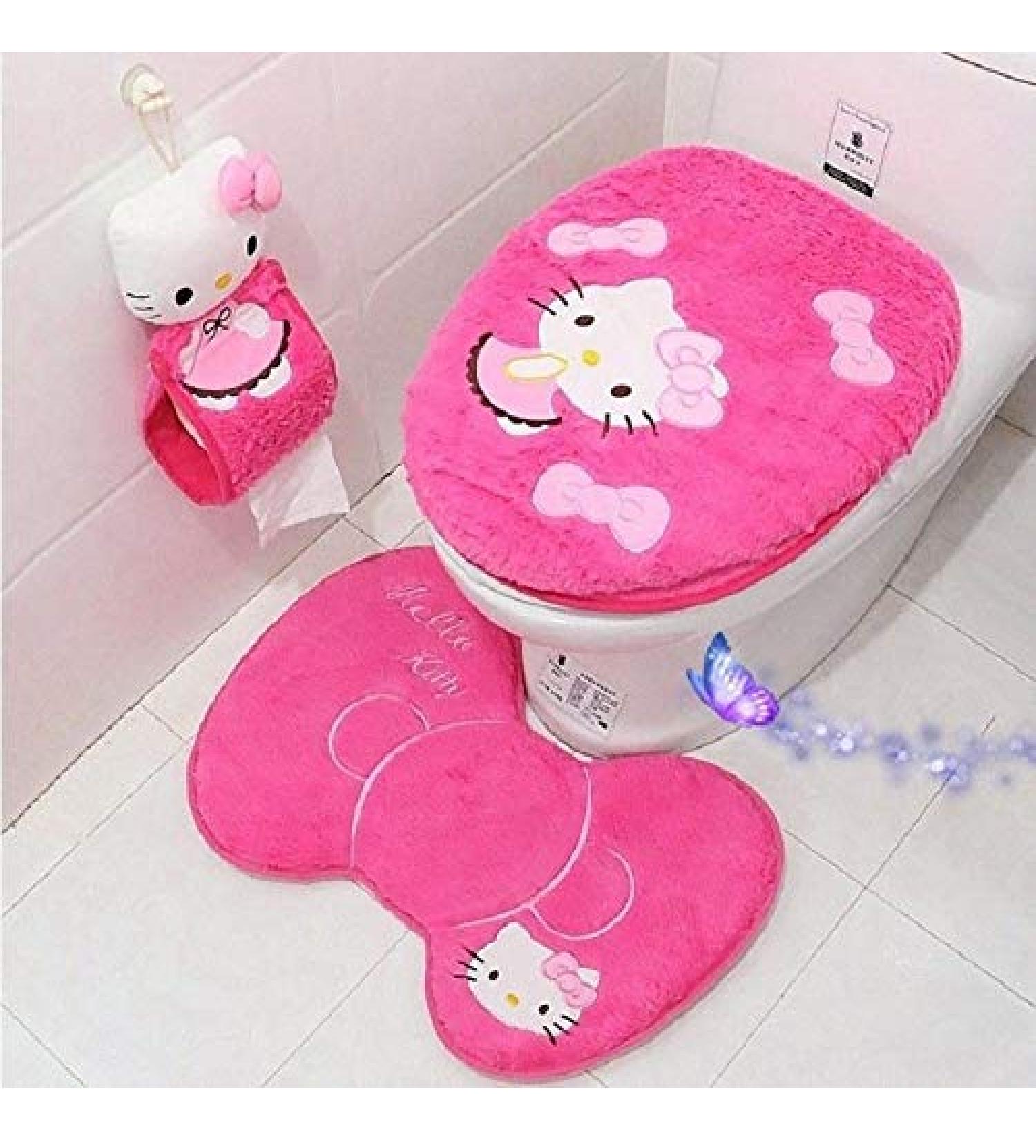 eliphs 4PCS Hello Kitty Bathroom Set Toilet Cover WC Seat Cover Bath Mat Holder Pink/Rose Red (Rose Red)