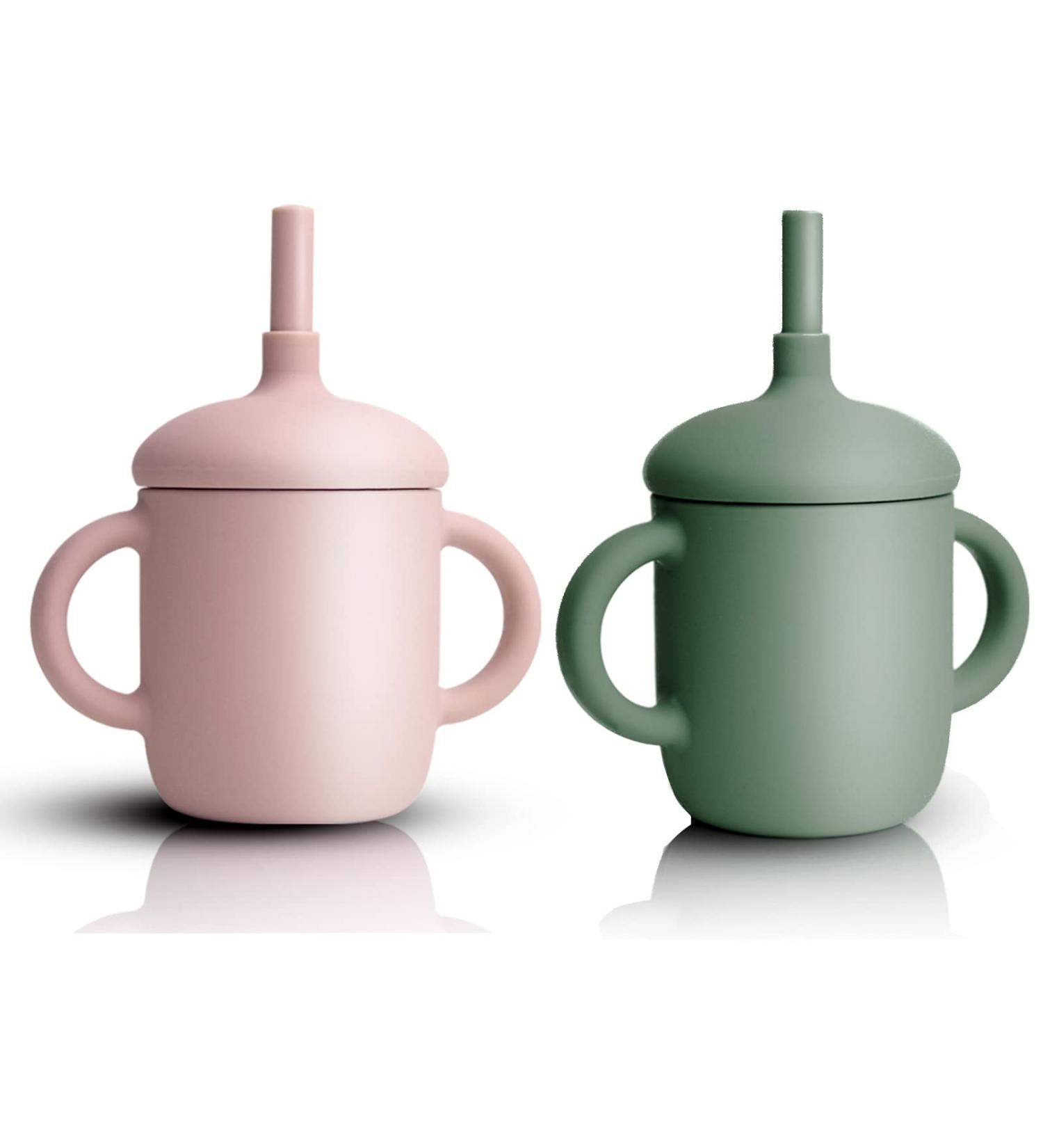 Silicone Straw Trainer Cup for Babies - BPA-Free, Unbreakable, Spill-Proof Sippy Cup - 5 Oz (Pink & Army Green) - 2 Pack - Buy Online on GoSupps.com