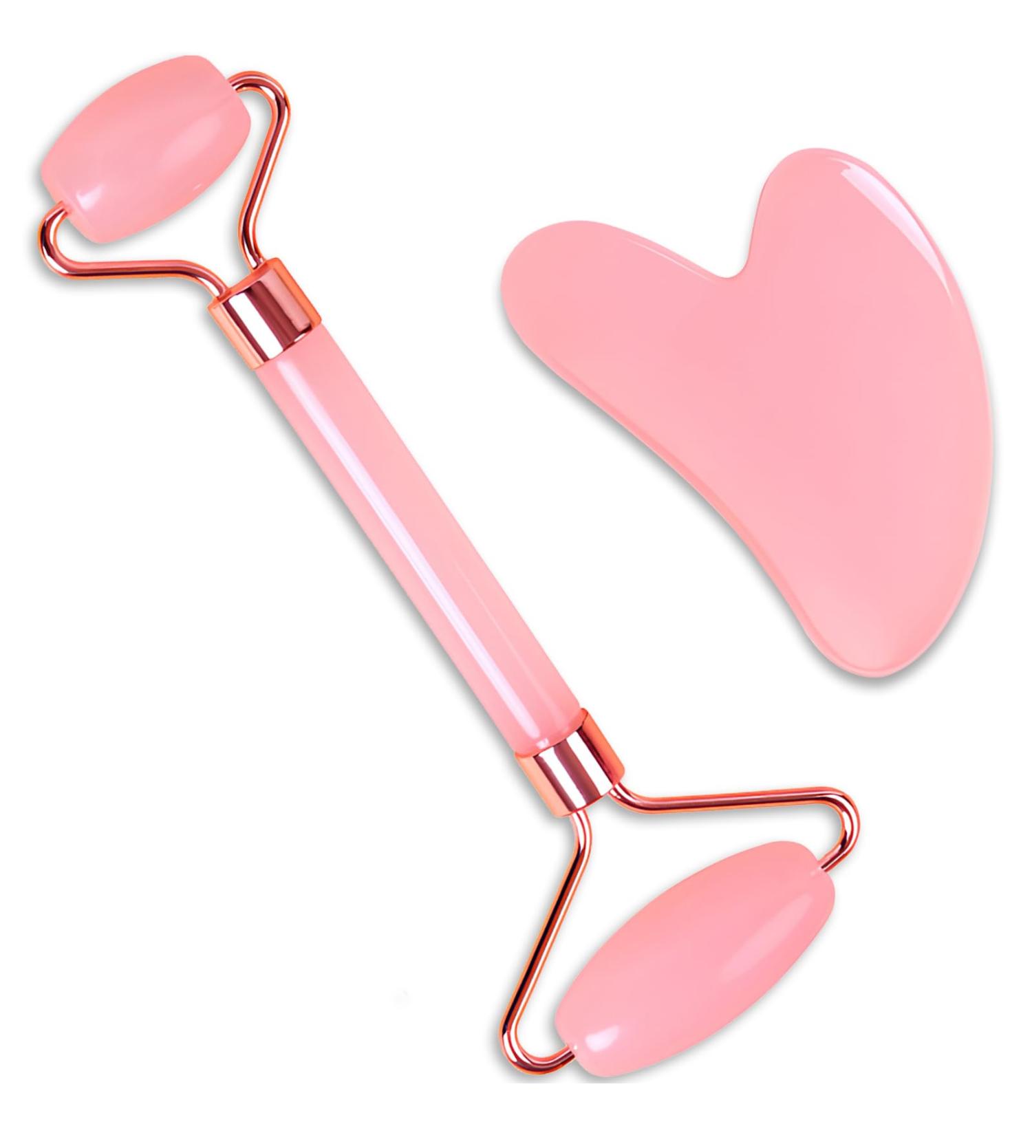 Premium Gua Sha & Jade Roller Set | Facial Tools for Puffiness & Redness Relief | Ideal Self-Care Gift for Men & Women - Pink - Buy Online on GoSupps.com