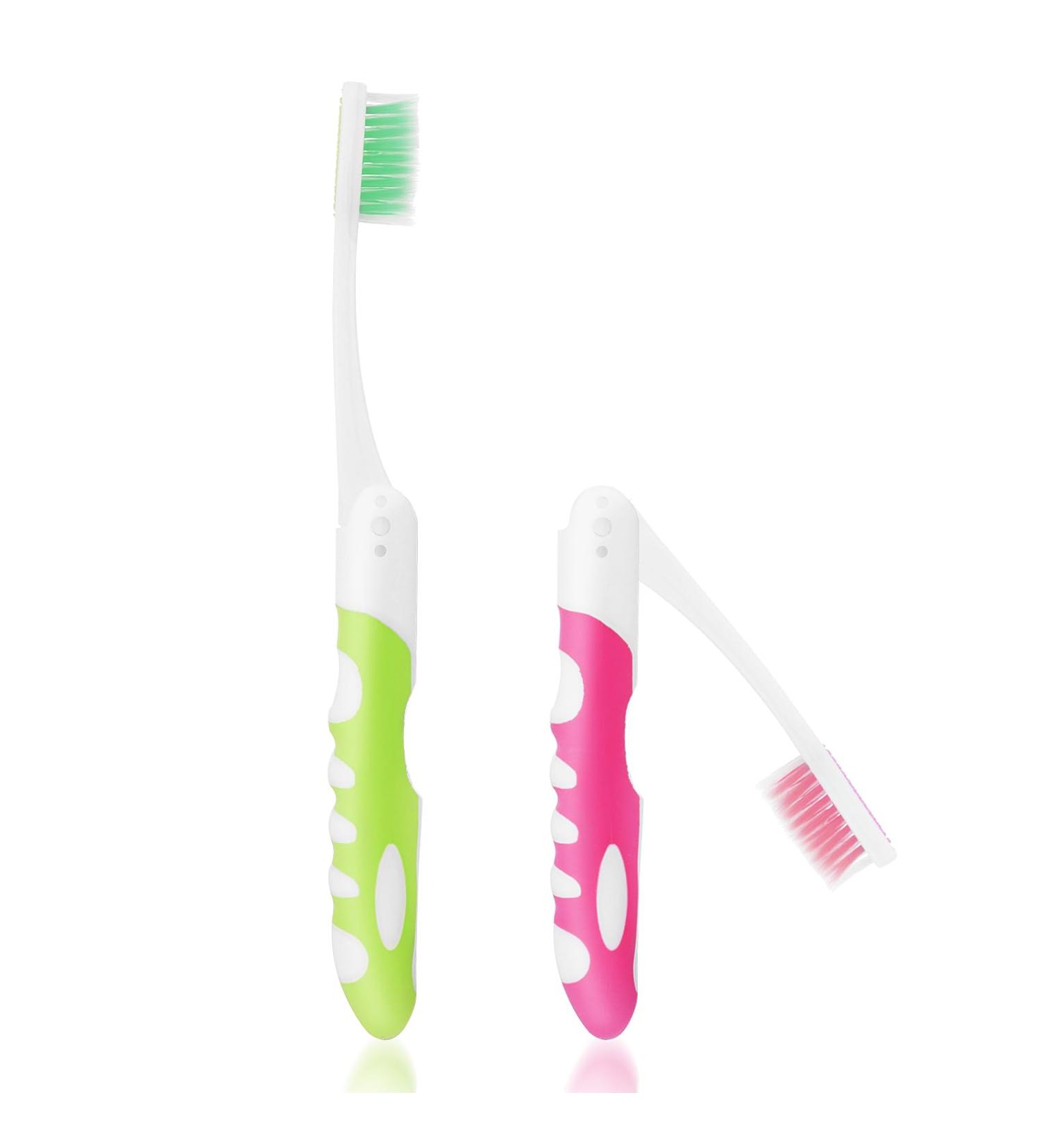 Ouligay 2Pcs Portable Folding Travel Toothbrush Set for Camping & Hiking - Green/Pink - Buy Online on GoSupps.com