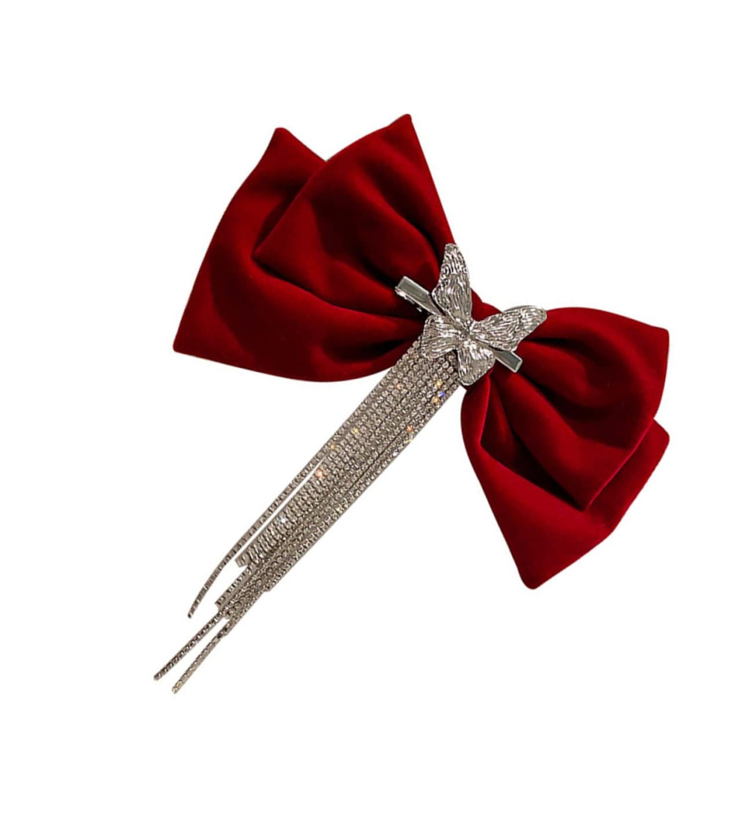 Angoily Tassel Hair Clip Big Bow Crystal Hair Clip French Barrette Hair Jewels for Women Goody Hair Clips for Women Tassel Hair Bow Crystal Bow Hair Clip Headgear Miss Red Bow Tie Velvet - Buy Online on GoSupps.com