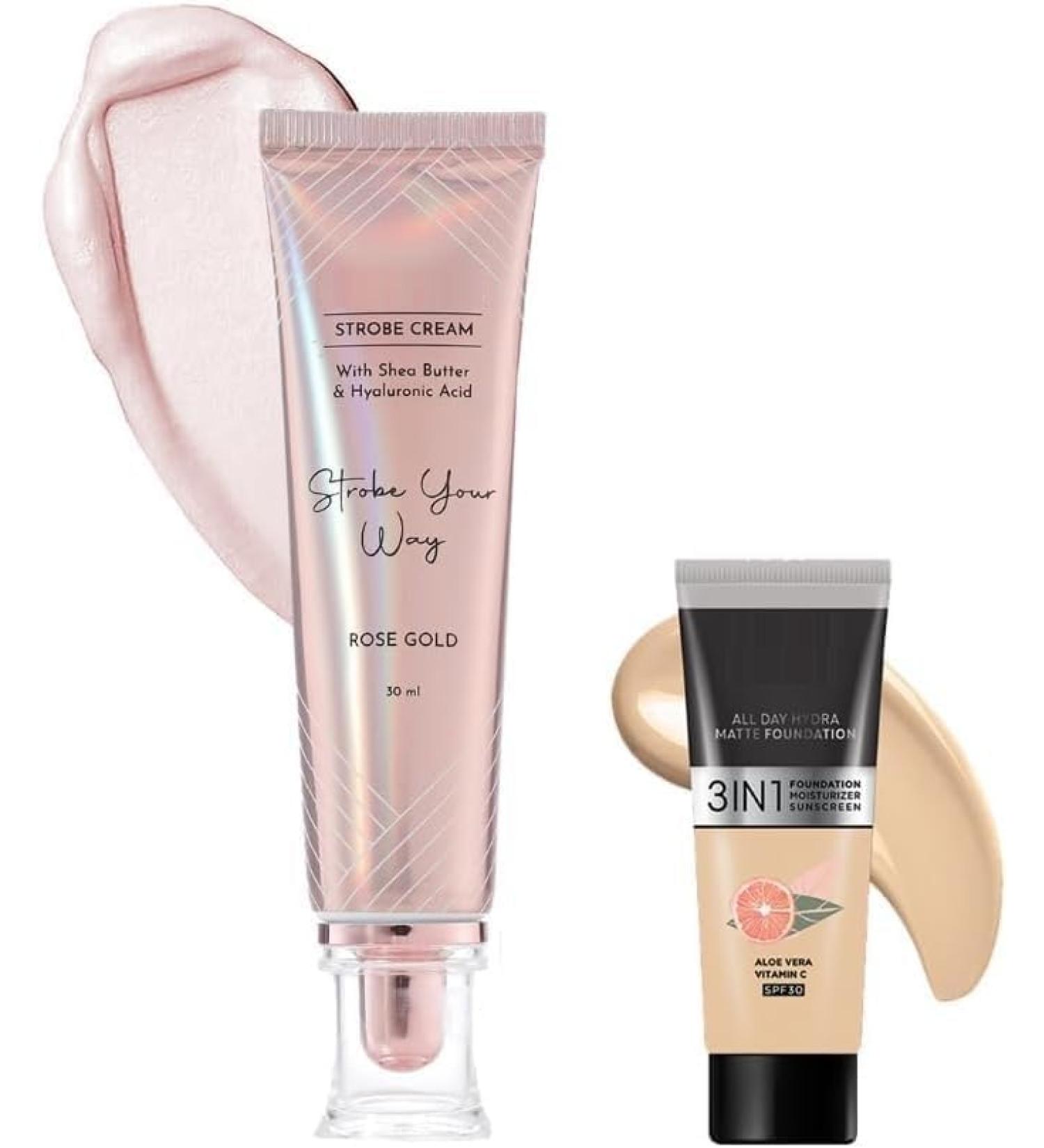 DK ROS.e Glow Kit | Rose Gold Strobe Cream (30 ml) + Hydra Matte Absolute All Day Mini Medium Coverage Foundation (15 ml) | Women's Makeup Kit (2-pack combo) - Buy Online on GoSupps.com