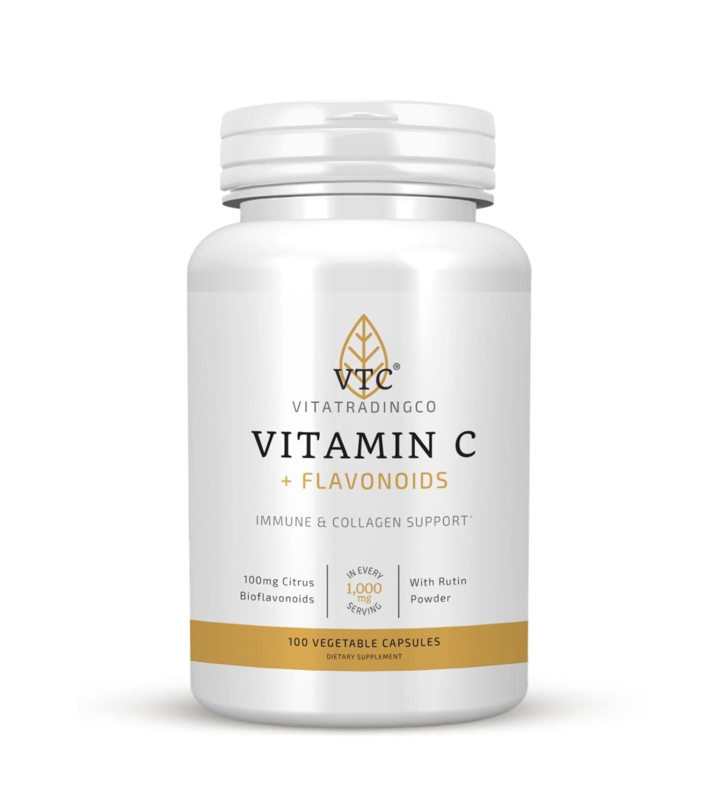 VTC VitaTradingCo. Vitamin C + Flavonoids | 1000mg High Potency Vitamin C with Citrus Bioflavonoids | Powerful Antioxidant | Immune & Collagen Support | 100 Veggie Capsules - Buy Online on GoSupps.com