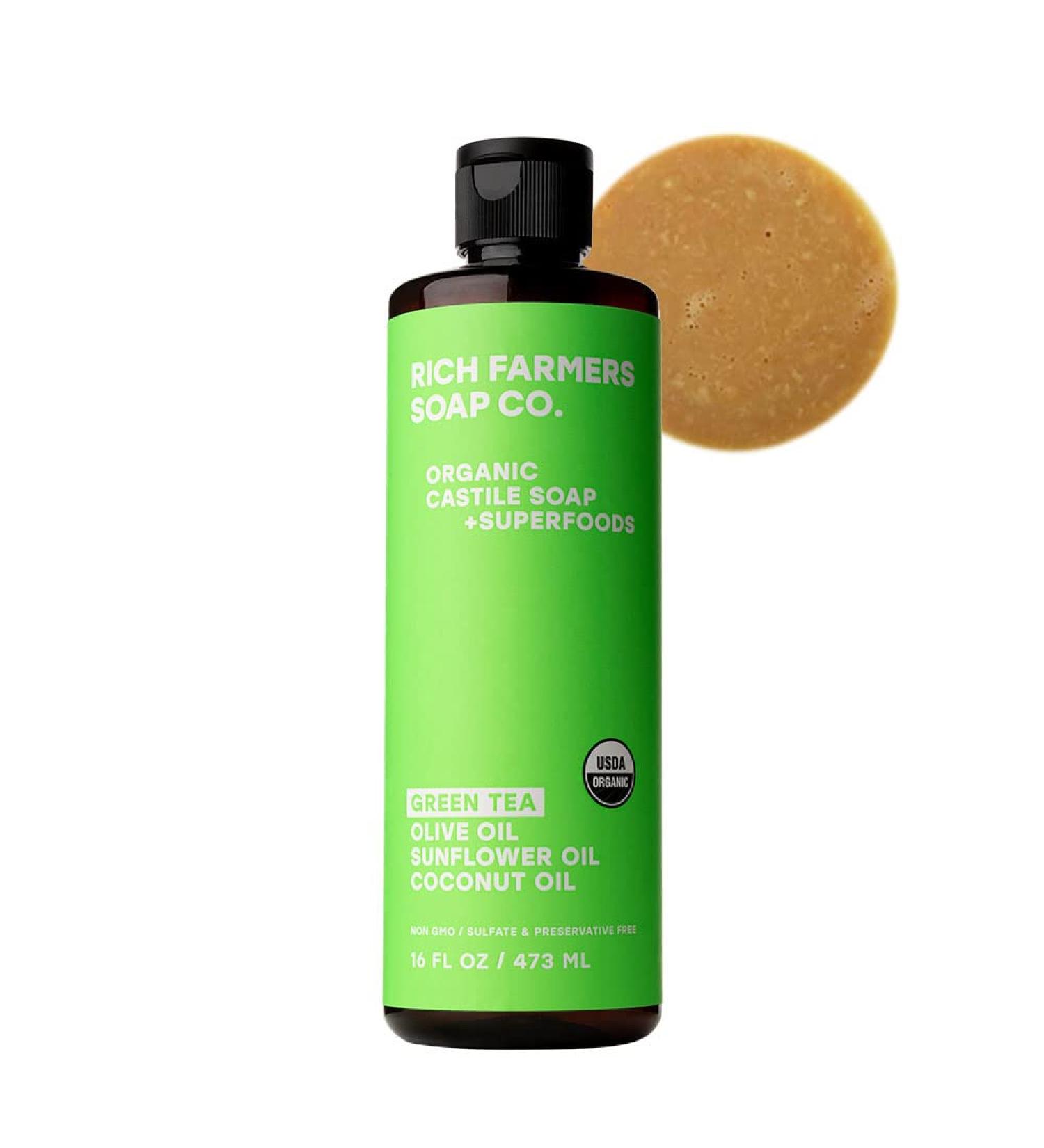 Organic Green Tea Castile Soap - 16 oz - Sunflower, Olive & Coconut Oils | RICH FARMERS - Buy Online on GoSupps.com