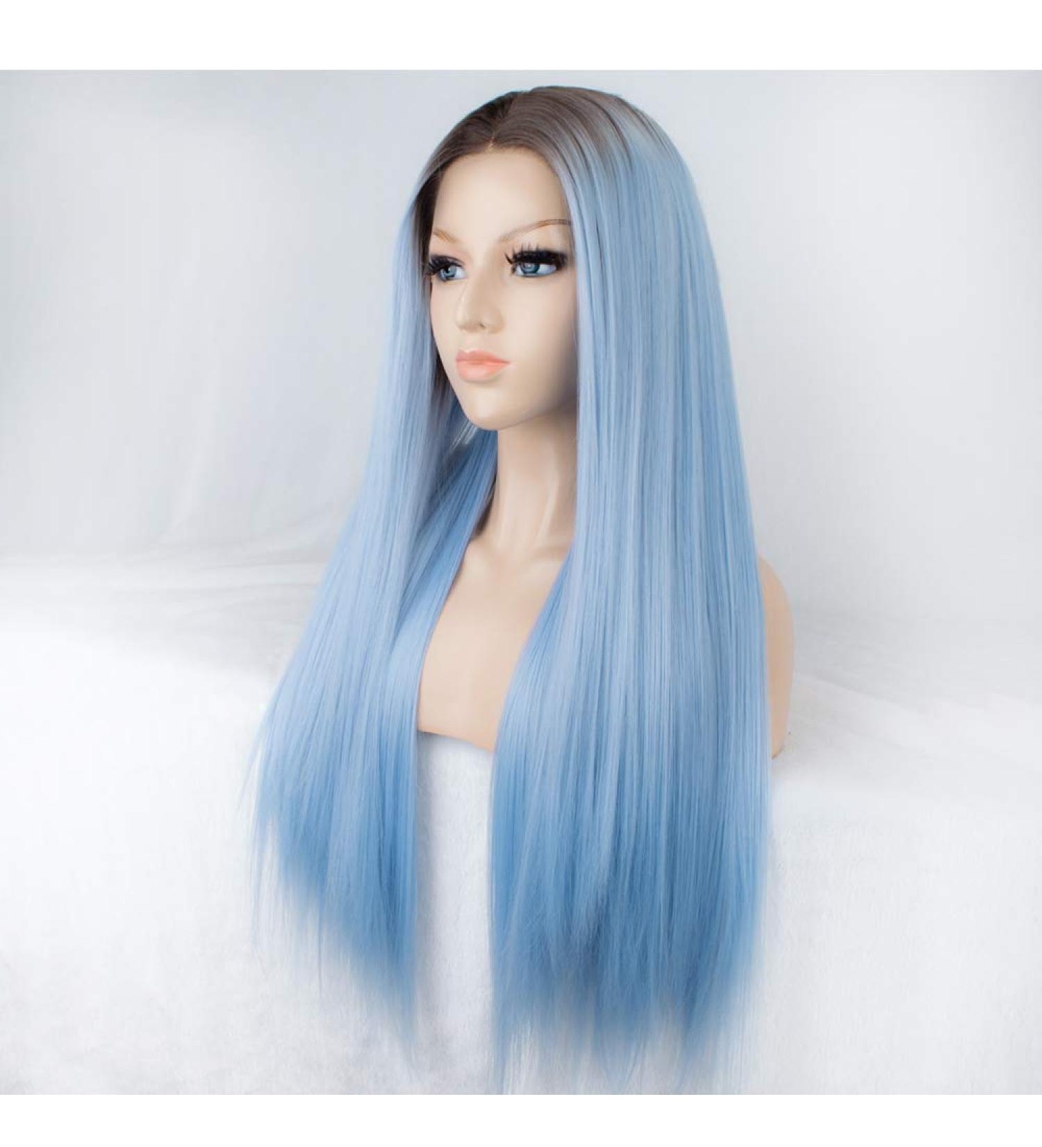SHIYID Blue Wig for Women | Synthetic Lace Front Wig with Brown Roots | Long Straight Light Blue Hair - Buy Online on GoSupps.com