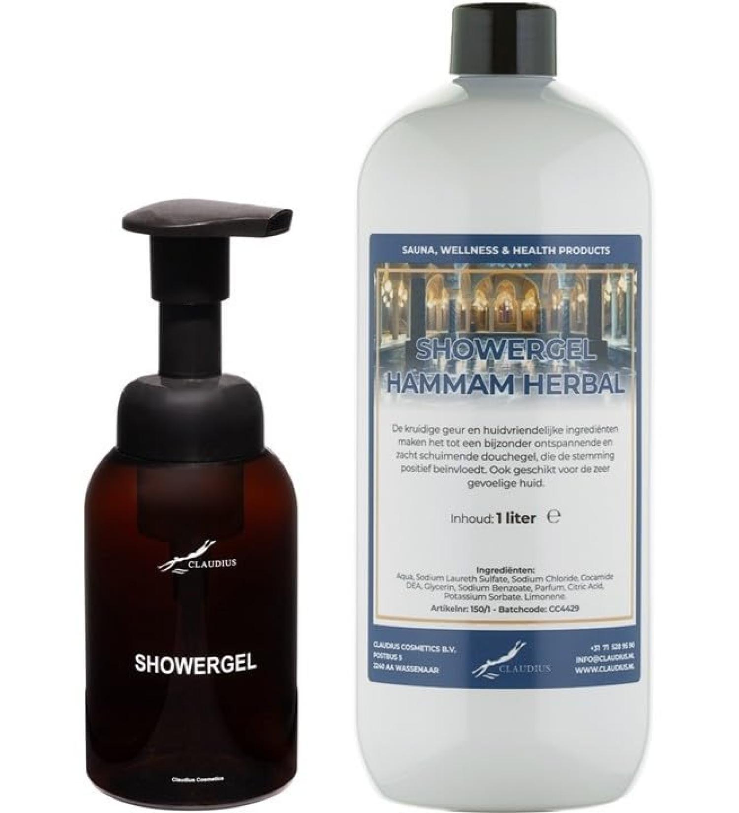 Claudius Soap dispenser 300 ml amber brown refillable + 1 liter Showergel Hammam Herbal refill bottle with printing
