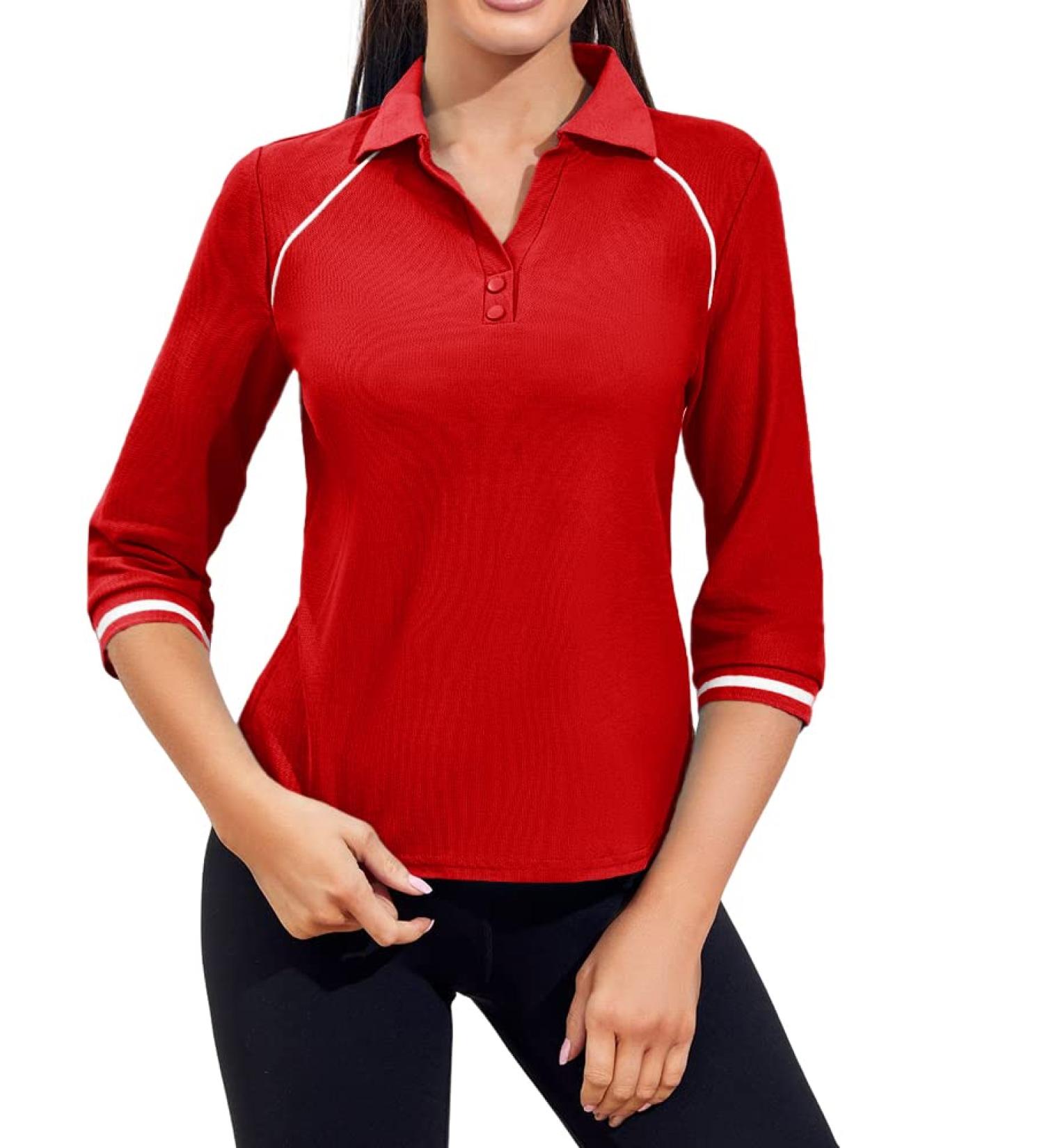 Aurgelmir Women's Casual 3/4 Sleeve V-Neck Golf Polo Shirt - Red, Small - Buy Online on GoSupps.com