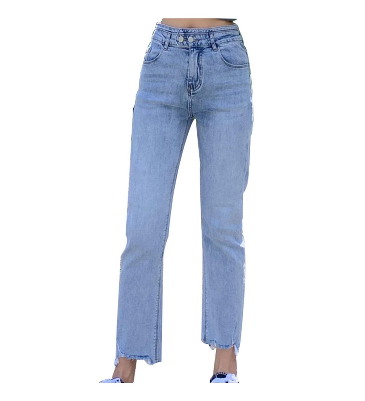 Women's Slim Fit Straight Jeans High Rise Skinny Stretch Raw Hem Jean Relaxed Distressed Boyfriend Denim Pants Light Blue X-Large - Buy Online on GoSupps.com
