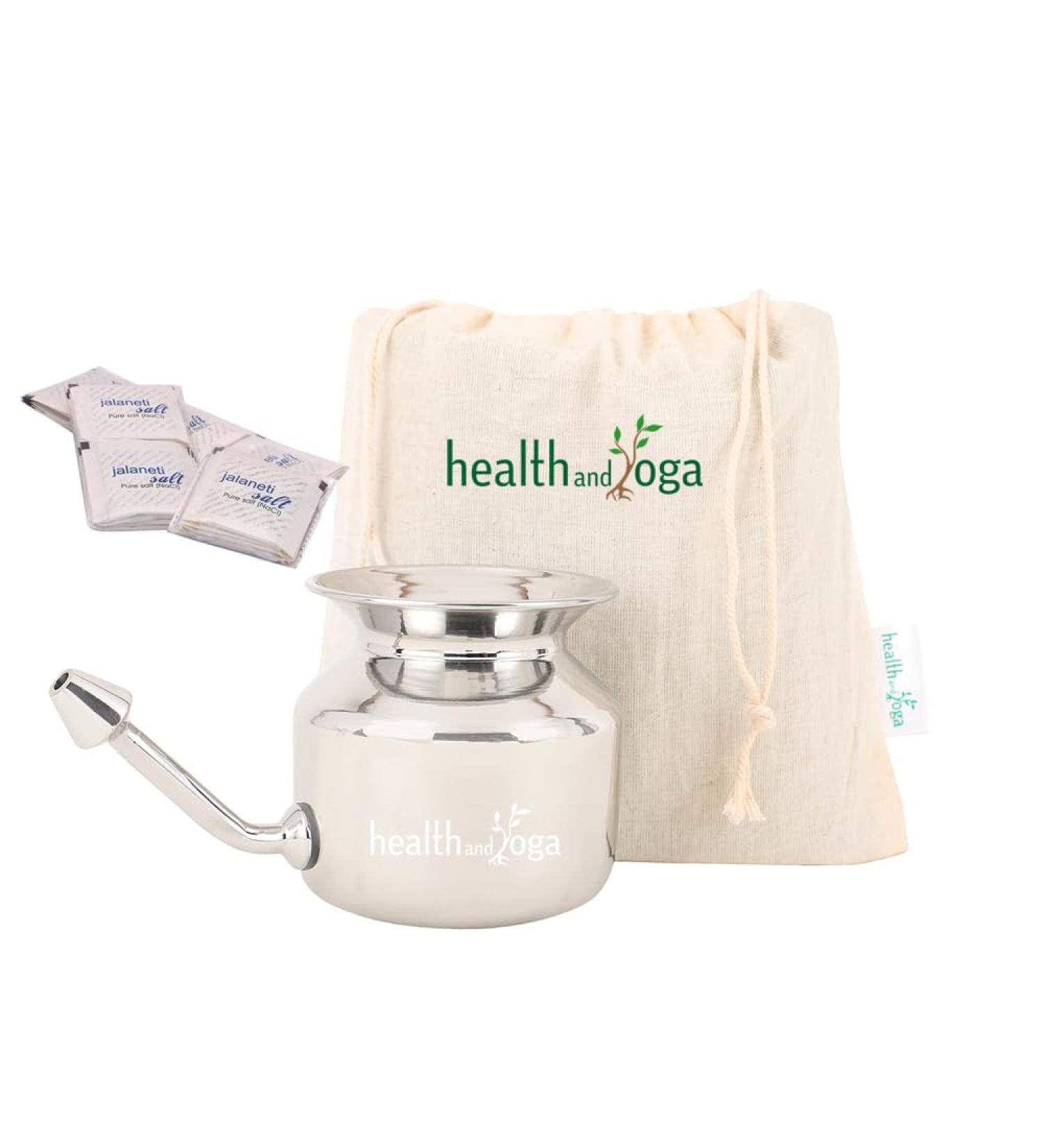HealthAndYoga(TM) SteloKleen Superior Neti Pot Learner - Improver Kit - Unbreakable Stainless Steel Pot - Smooth Leak Plug Nose Tip - Pure Salt 25 Pieces - Buy Online on GoSupps.com