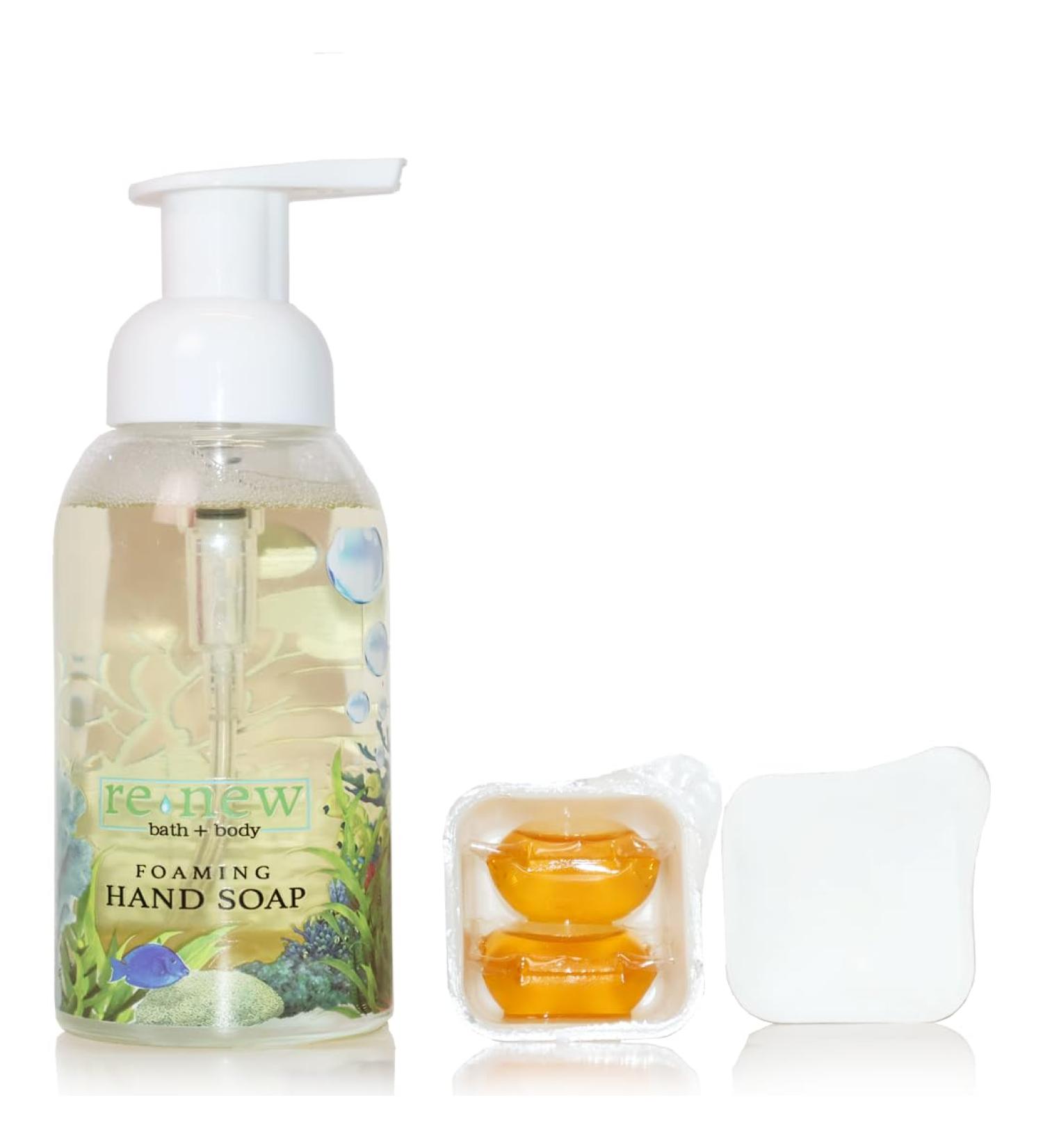 Renew Bath + Body Foaming Hand Soap Kit - Zero Waste Vegan Natural Soap with 3 Refills - Gardenia & Lemon Scent - Reusable Glass Bottle - Made in the USA - Buy Online on GoSupps.com