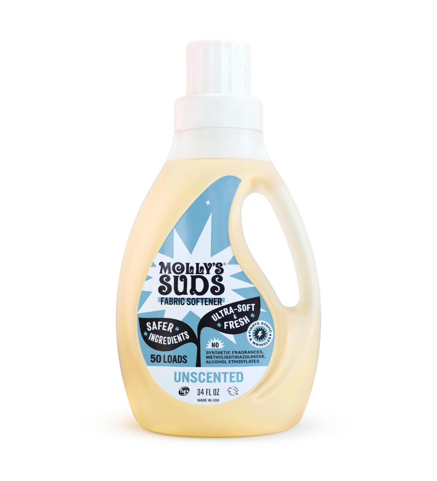 Molly’s Suds Natural Fabric Softener for Sensitive Skin | Plant-Based Essential Oils | Unscented Fights Static & Reduces Wrinkles | 50 Loads - Buy Online on GoSupps.com
