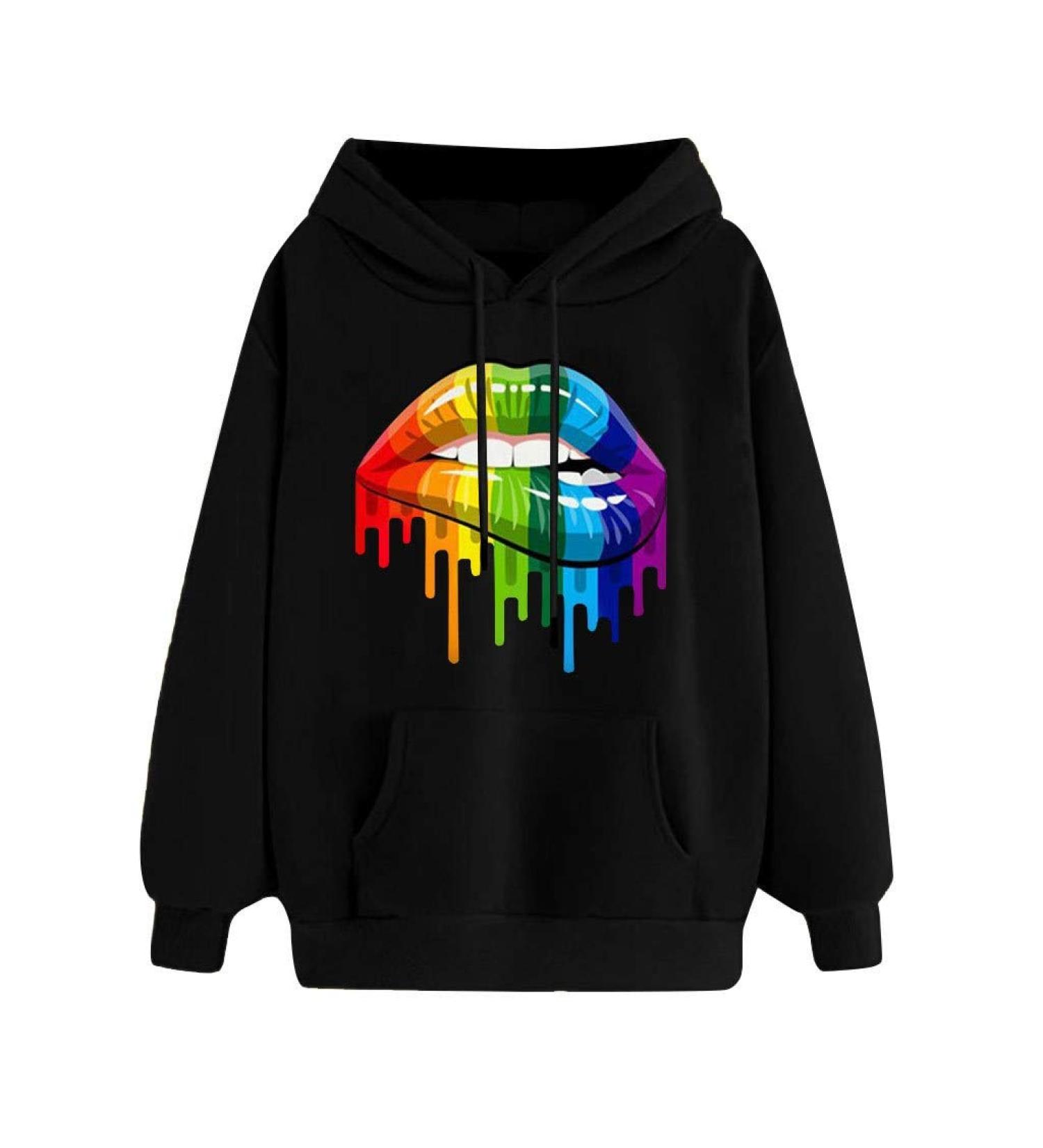 Bigfanshu Women's Hoodies Rainbow Mouth Hooded Pullovers New Girls Casual Sweatshirt Autumn Print Basic Hoodie