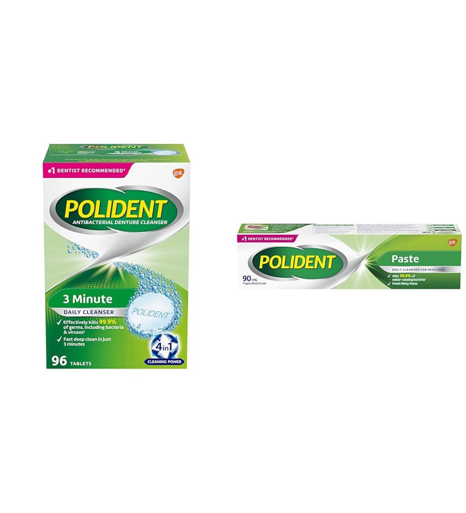 Polident 3 Minute Daily Denture Cleaner Triple Mint Fresh 96 Tabs (Packaging May Vary) & Denture Cleanser Paste 90ml 96's BEAUTY + BONDING_ADHESIVES ST-06053 - Buy Online on GoSupps.com