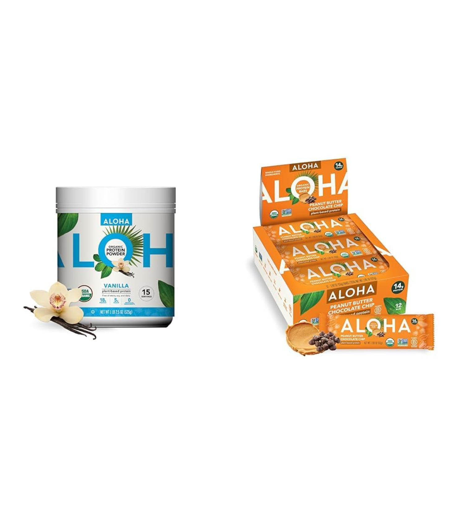 ALOHA Organic Plant-Based Protein Powder Vanilla 19.6oz Protein Bars Peanut Butter Chocolate Chip 1.98oz Pack of 12 Bundle - Buy Online on GoSupps.com