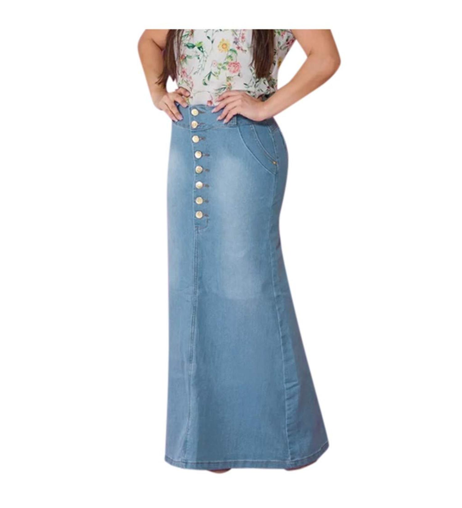 Womens Casual High Waist Denim A-Line Long Jean Skirt - Light Blue - Buy Online on GoSupps.com