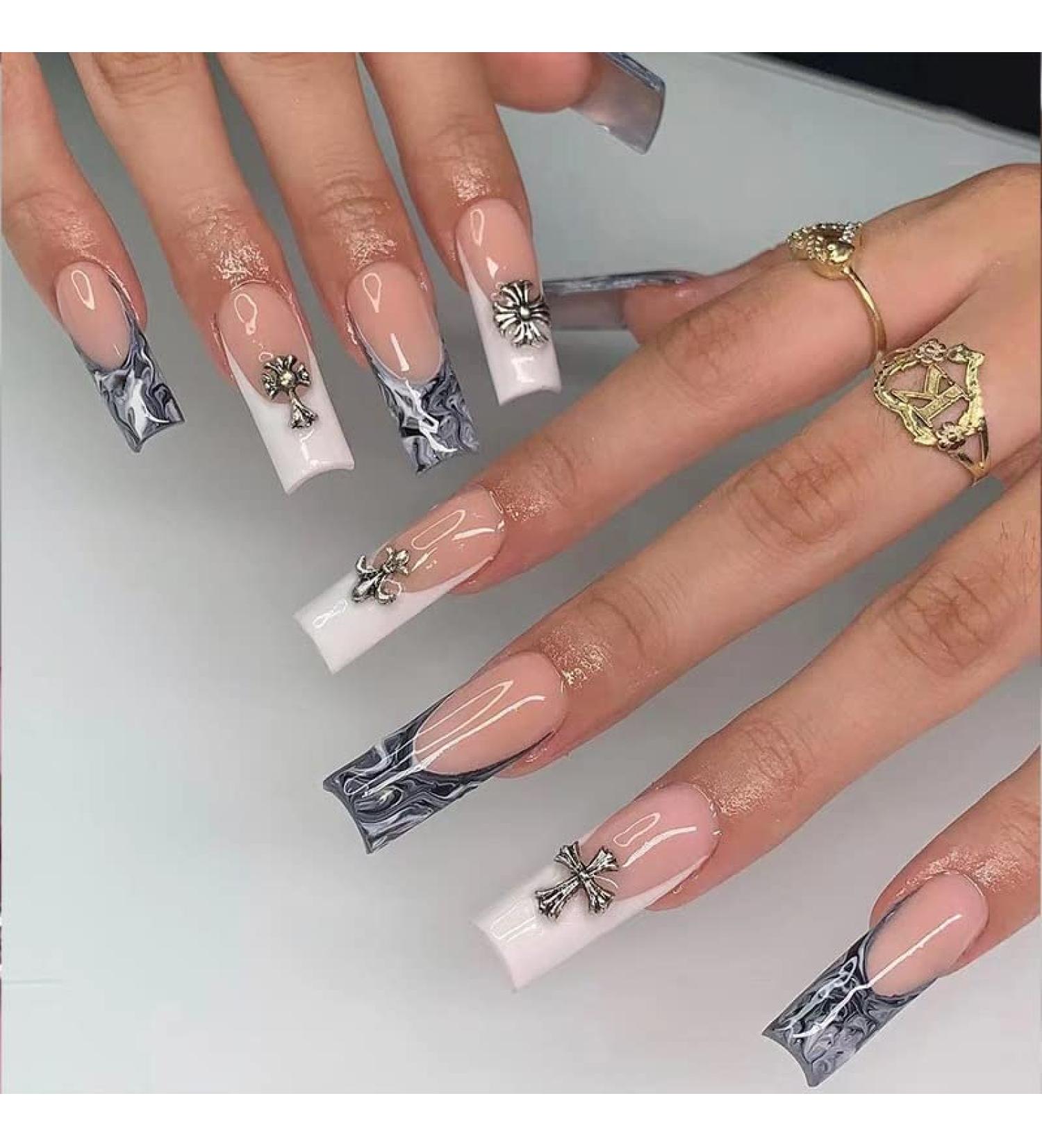 French Tip Press on Nails - Long Press On Nails with Nail Tips Black and white halo dyed cross design fake nailspress on nails Acrylic False Nails Cute Artificial Nails - Buy Online on GoSupps.com