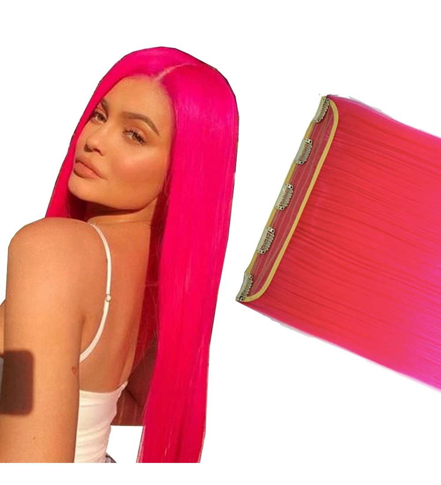 iLUU Clip in Hair Extensions 24" 100g Long Straight Thick Synthetic Hair Pieces Smooth Pink Hairpiece Hair Extension 5 Clips ins Wig for Cosplay Party Daily Use 8C# #8C (pink) - Buy Online on GoSupps.com