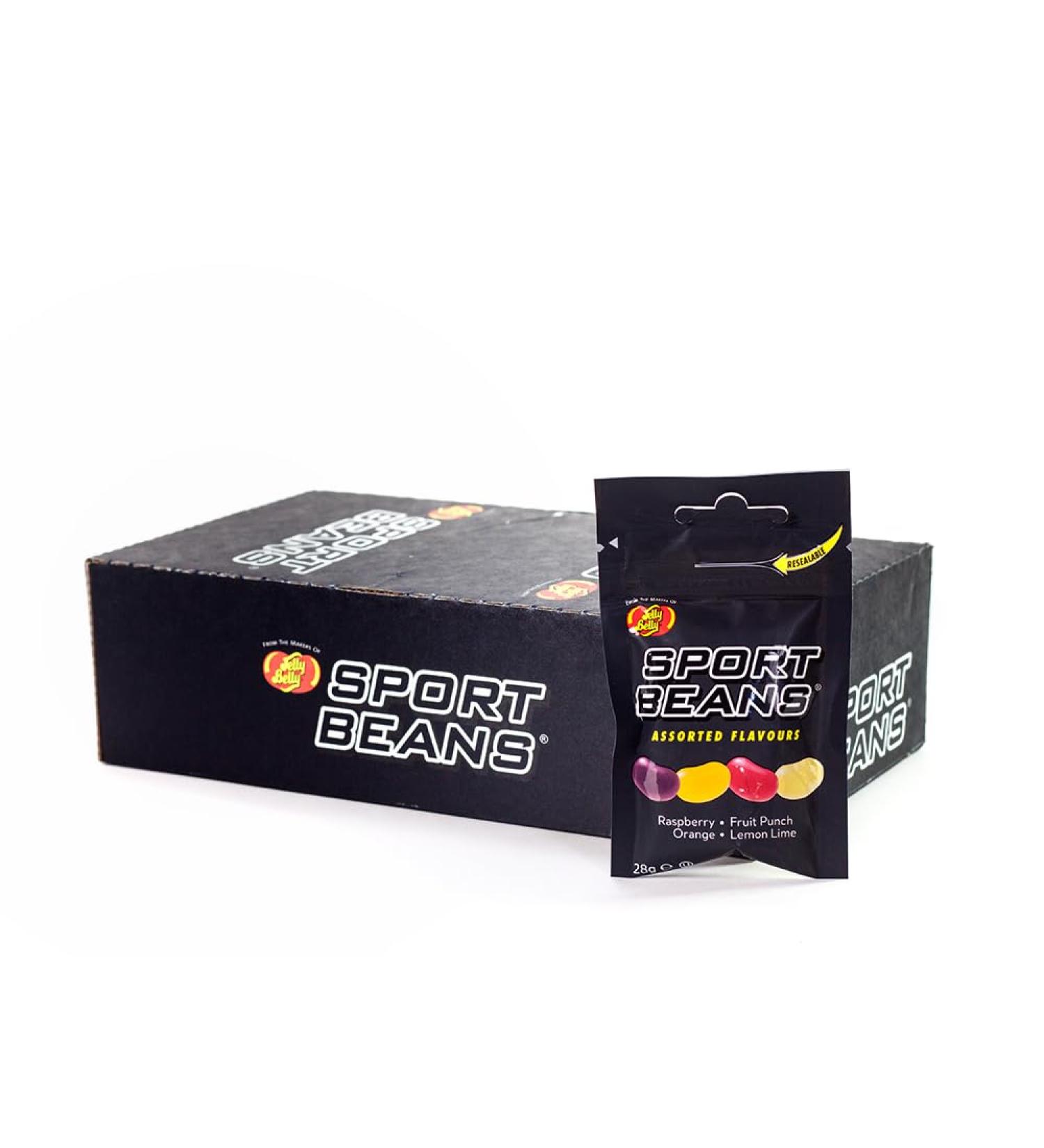 Jelly Belly - Sports Beans Assorted Mix Flavour Orange Lemon-Lime Fruit Punch and Raspberry Contains added Vitamins B and C Provides 25g Carbohydrate and 120mg Electrolytes 24 x 28g Bags