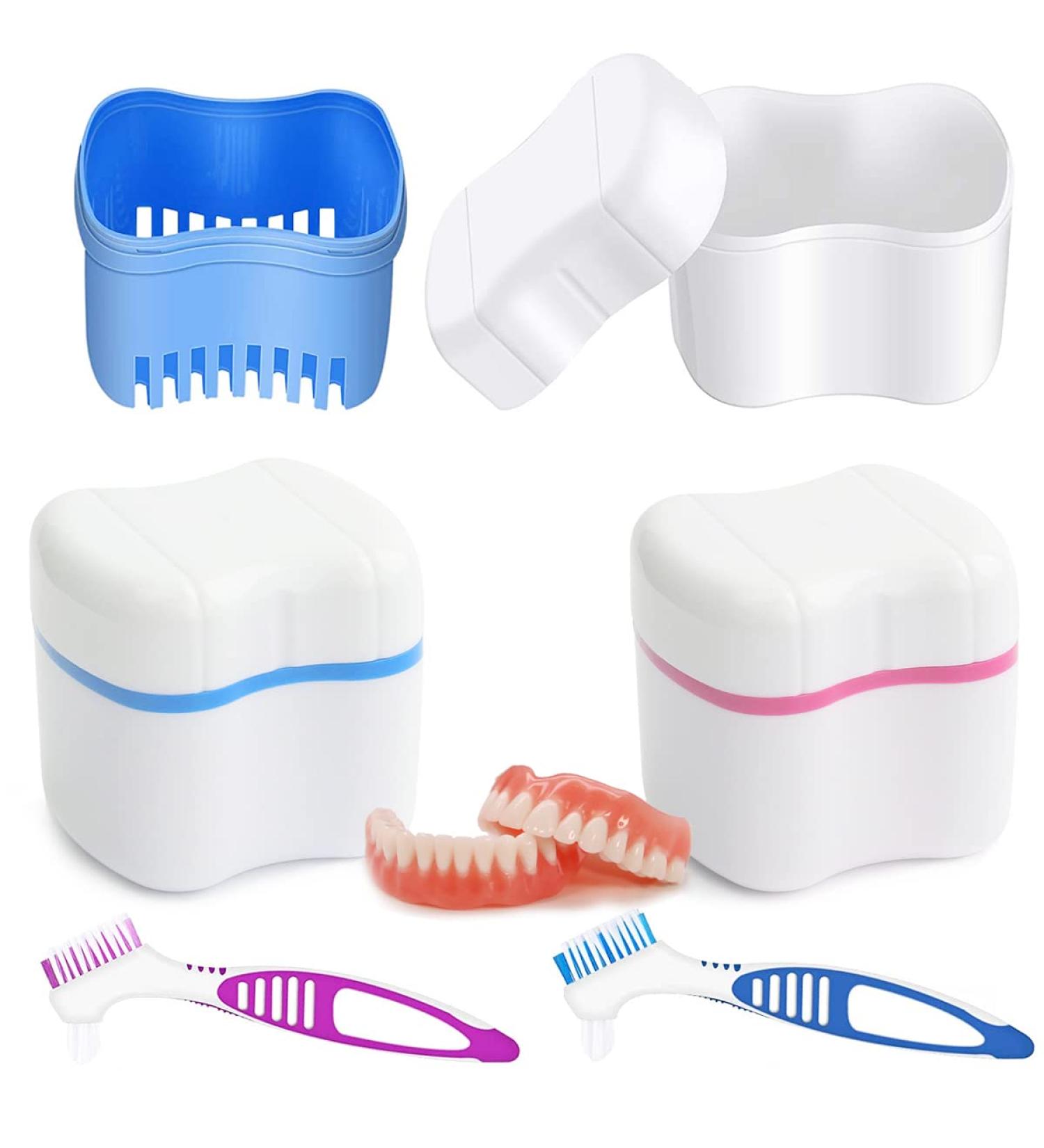 Hongecb 2 Dental Prosthesis Box - Container & Cup with Cleaner Brushes for Denture Storage & Cleaning (Light Blue & Pink) - Buy Online on GoSupps.com