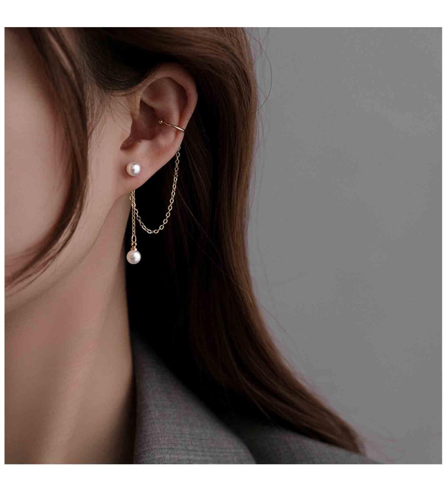 Vintage Pearl Cuff Chain Earrings - Gold Dangle Cartilage Helix Ear Cuffs for Women & Girls - Buy Online on GoSupps.com