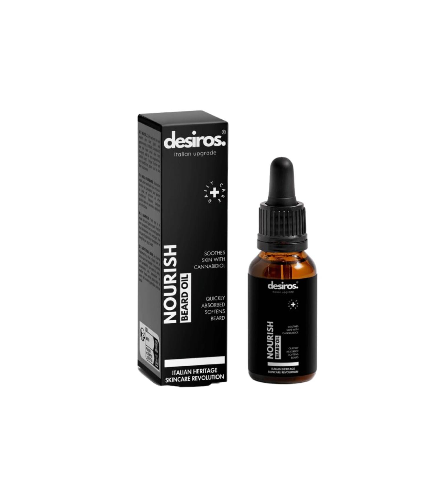  Desiros. Italian Upgrade Nourish Beard Oil by Desiros - Softening Beard Oil with Hemp Seed Oil and Cannabidiol - Lightweight non-greasy formula that makes styling easier - For a softer healthier beard - 20 ml - Buy Online on GoSupps.com