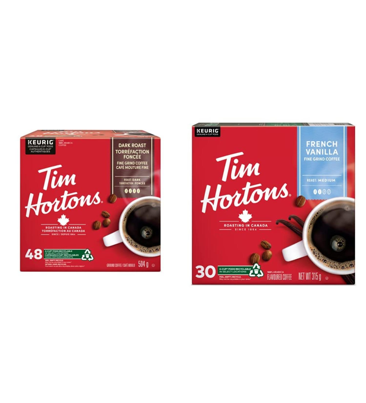 Tim Hortons Dark Roast Coffee Single Serve Keurig K-Cup Pods 48 Count & French Vanilla Coffee Keurig K-Cup Pods Flavoured Medium Roast 30 Count (Imported from Canada) - Buy Online on GoSupps.com