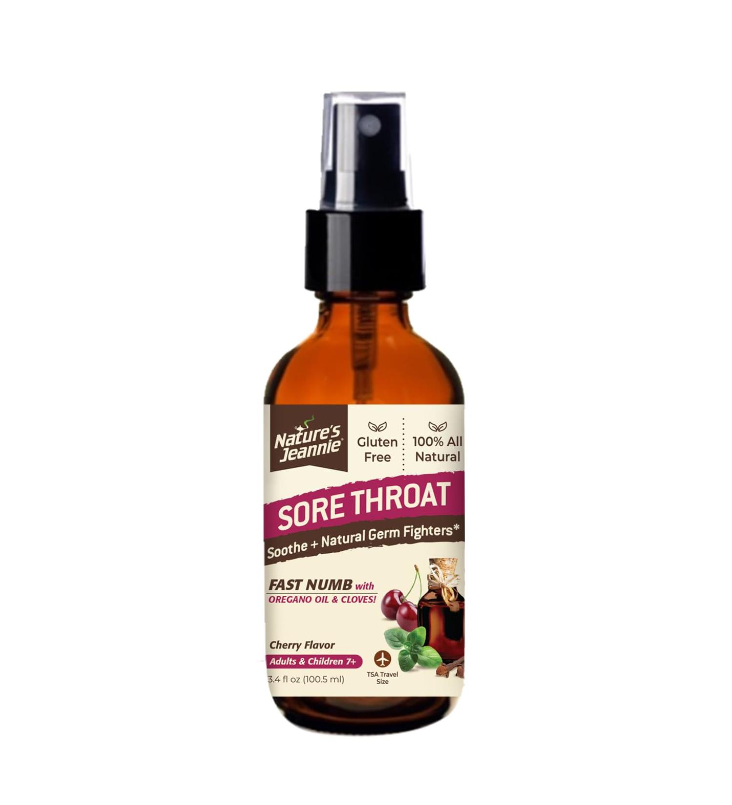 Nature's Jeannie Sore Throat Spray - Cherry Flavor - 3.4 Fl Oz - TSA Travel Size Natural Germ-Fighter with Oregano Oil & Cloves for Soothing Relief - Shop Internationally - Buy Online on GoSupps.com