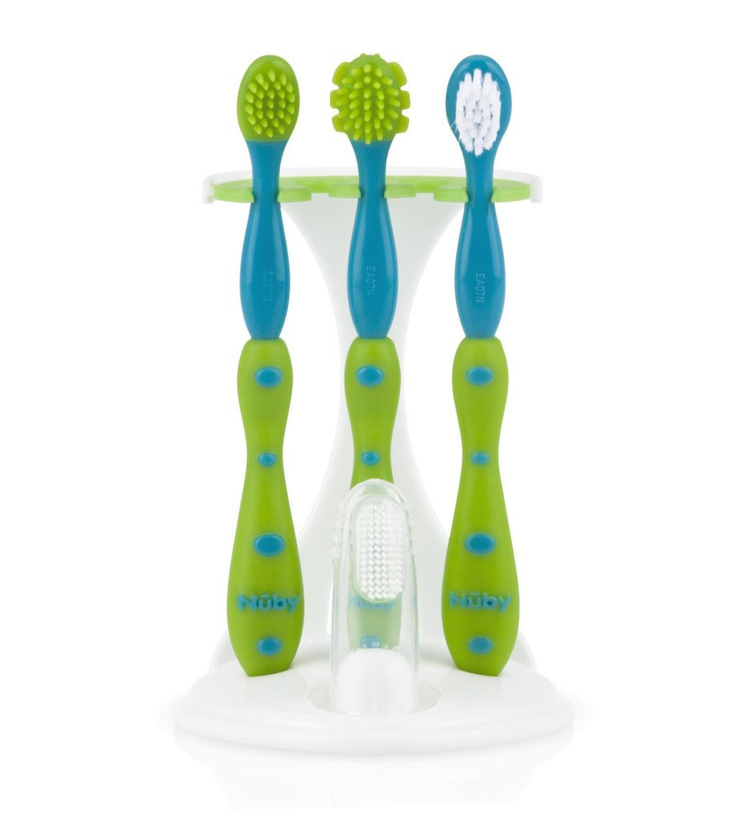 Nuby 4-Stage Oral Care Set - Silicone Finger Massager, 2 Massaging Brushes, Toddler Toothbrush - Green/Aqua 4 Piece Set - Buy Online on GoSupps.com