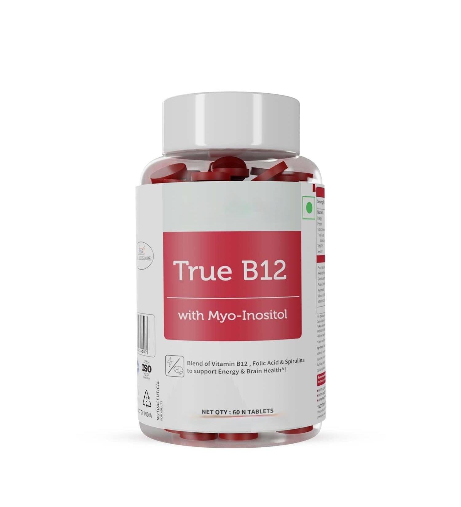 Plant-Based True B12 Supplements for Men & Women | with Myo-inositol Folic Acid & Spirulina | Supports Energy Brain Health & Better Absorption (60 Tablets) - Buy Online on GoSupps.com