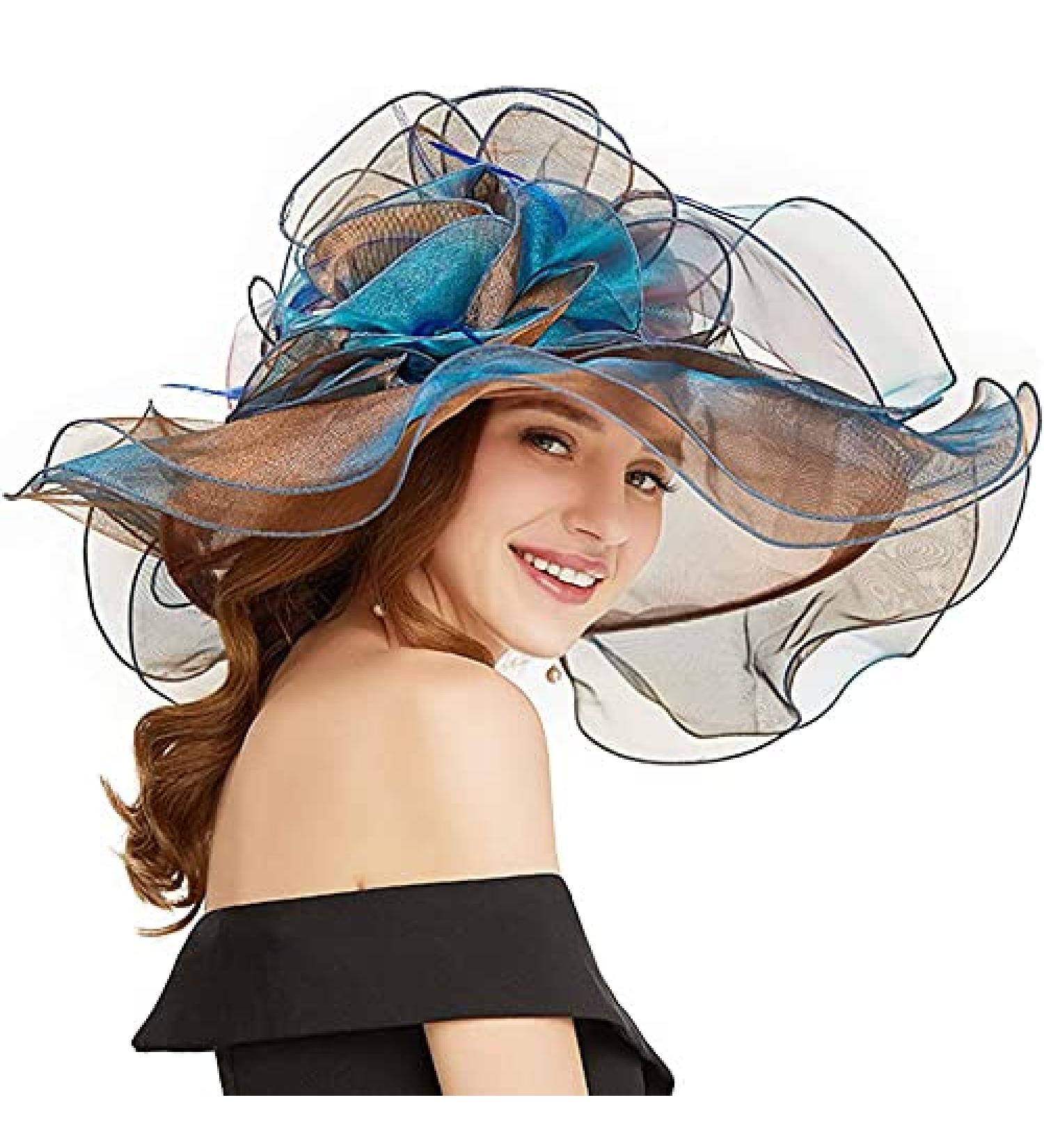Women's Brown Organza Sun Visor Cap with Flowers - Church Derby Party Hat - Buy Online on GoSupps.com
