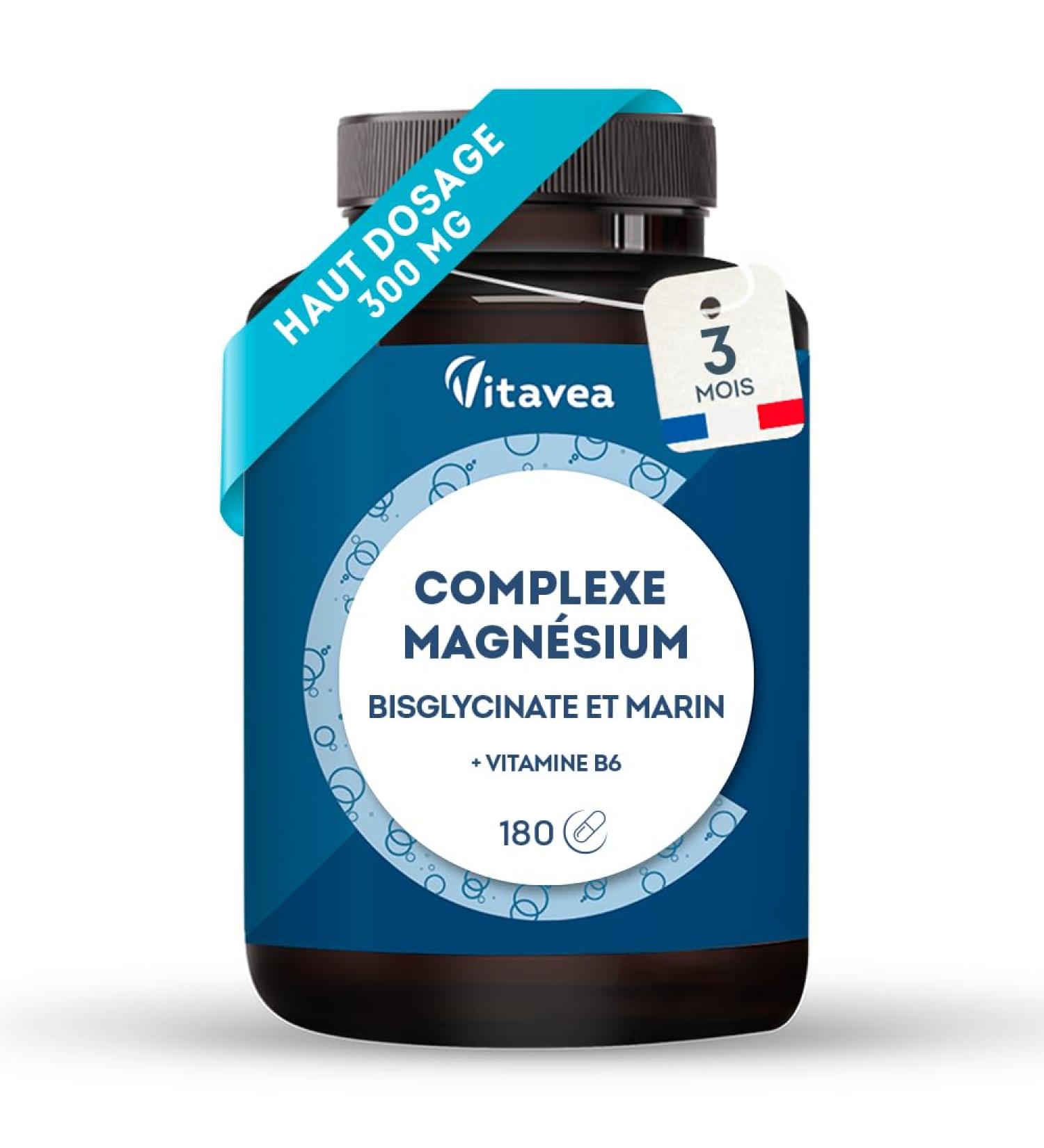 Magnesium Bisglycinate and Marin Vitamin B6 - High Dosage 300 mg - Fatigue Stress Sleep - 180 Vegetable Capsules 3 Months - High Assimilation Good Tolerance - Vegan Made in France Vitavea - Buy Online on GoSupps.com