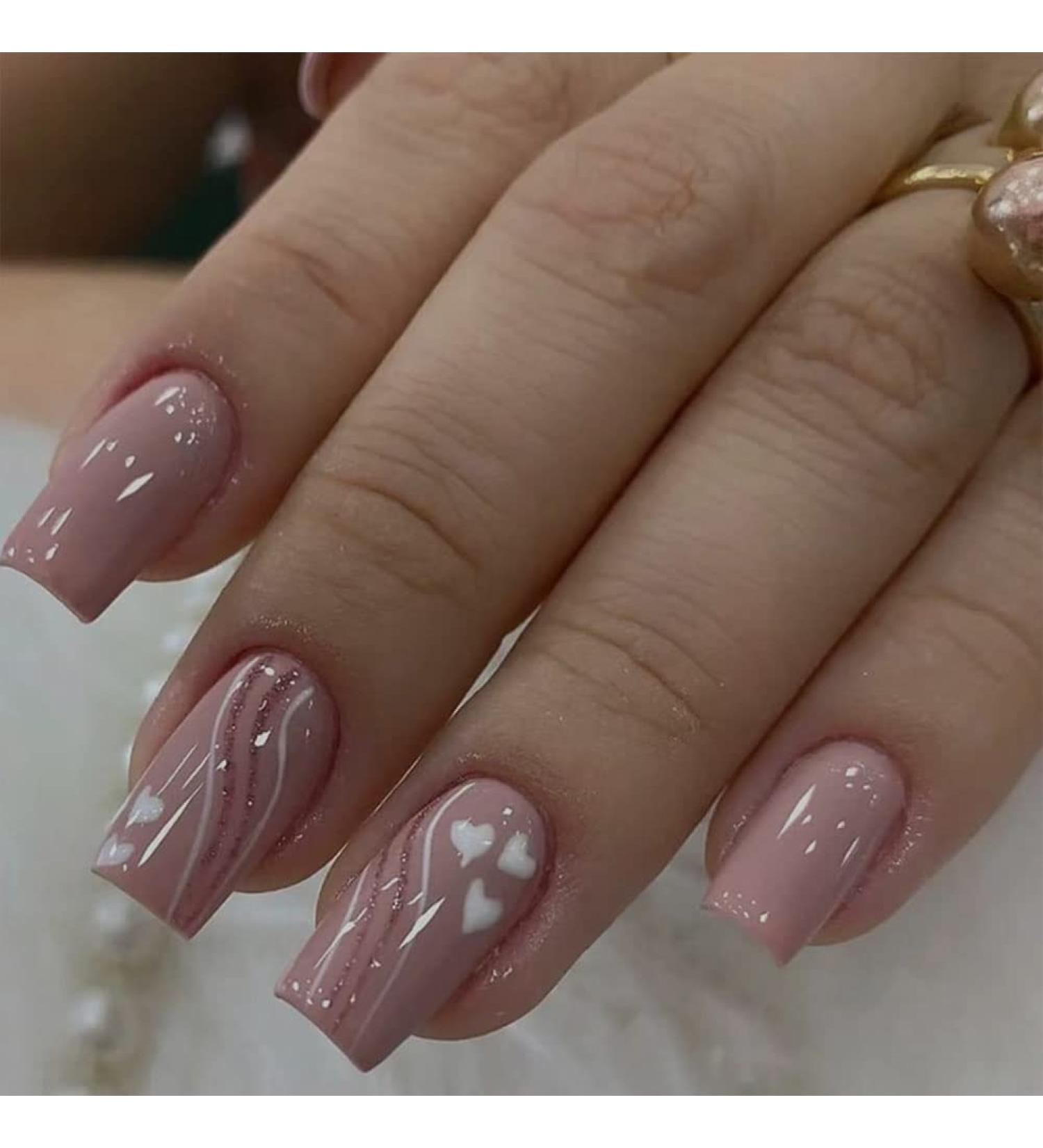 24 Pcs Pink Glossy Medium Square Press on Nails with Heart French Line - Stylish False Nails for Women - Buy Online on GoSupps.com