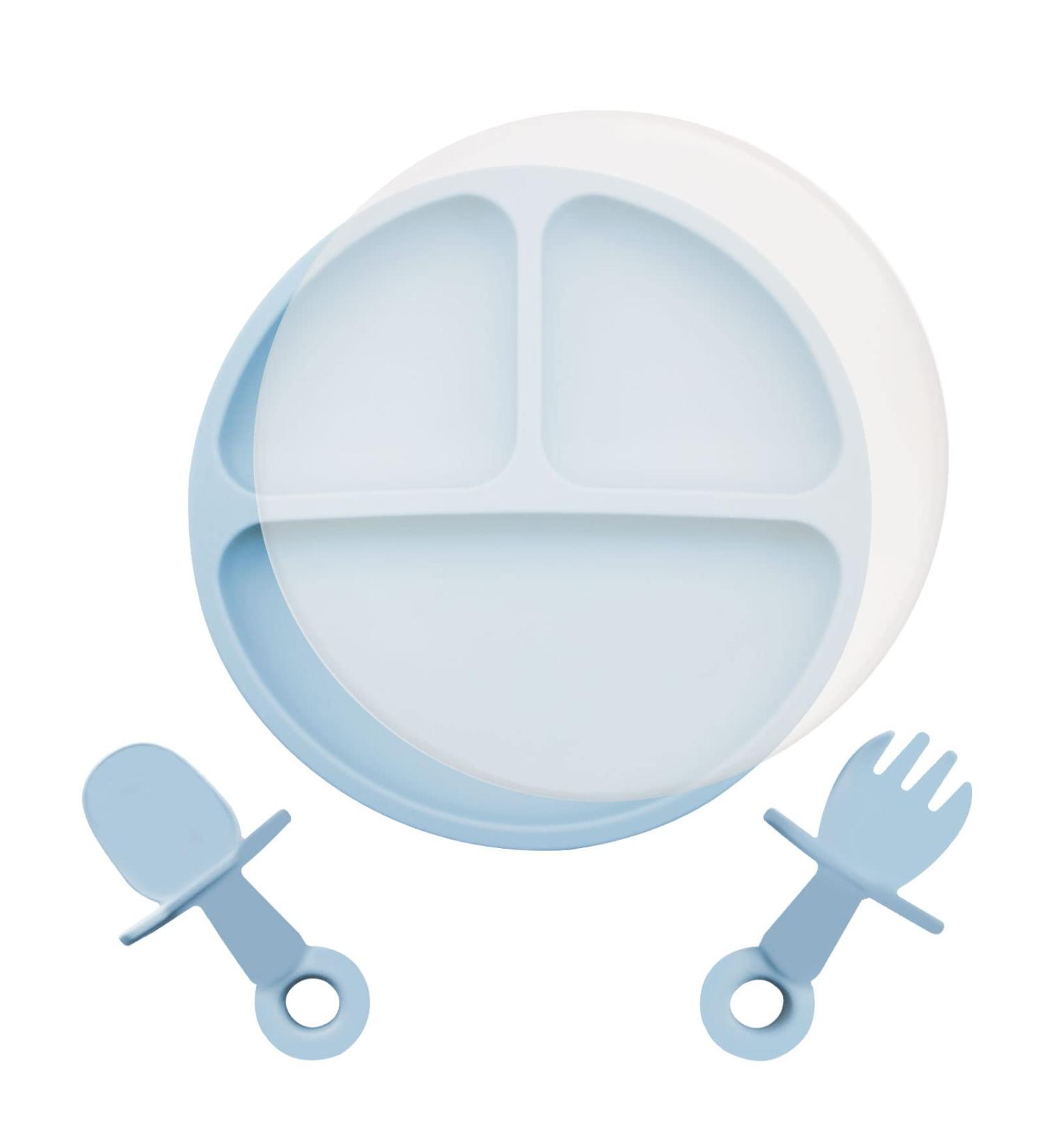 Silicone Baby Plate with Suction Cup, Spoon & Fork Set - BPA Free, Non-Slip Toddler Tableware with Compartments in Light Blue - Buy Online on GoSupps.com