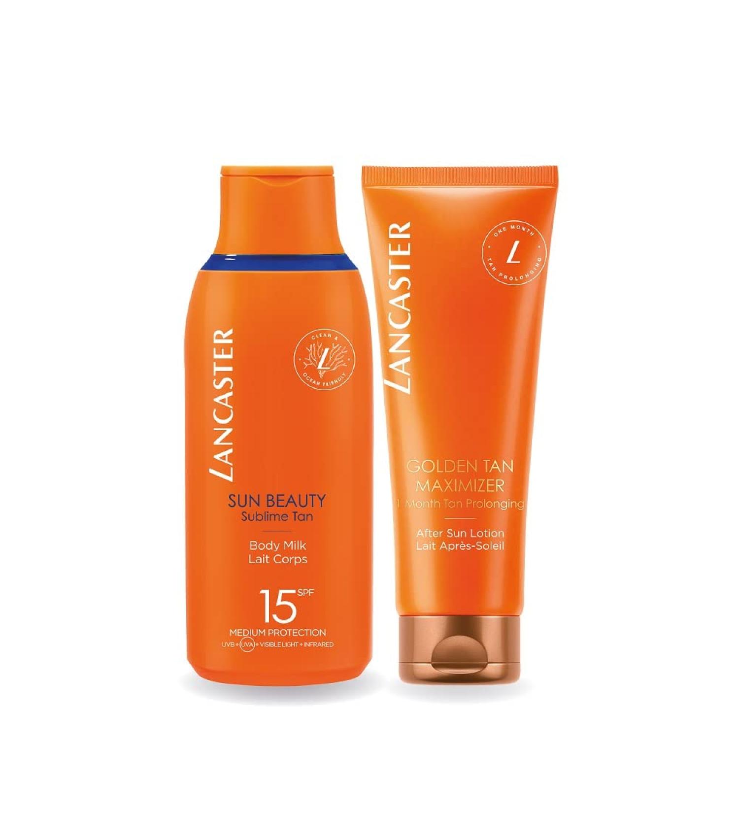 Lancaster Protect & Tan Summer Icons | Sun Beauty Body Milk SPF15 175ml + Golden Tan Maximiser After Sun 125ml Multipack