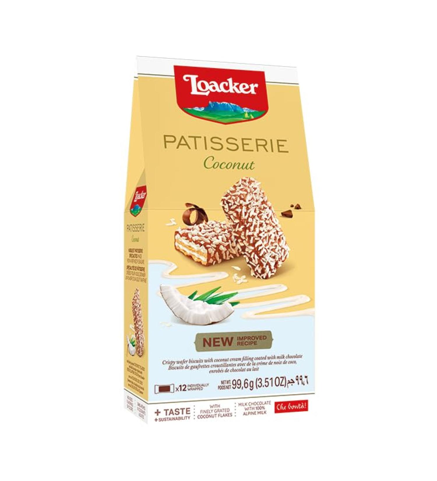 Loacker Loacker Coconut Pastry Box of 3 x 99.6g wafers filled with coconut cream topped with milk chocolate and coconut flakes Non-GMO sweet treats