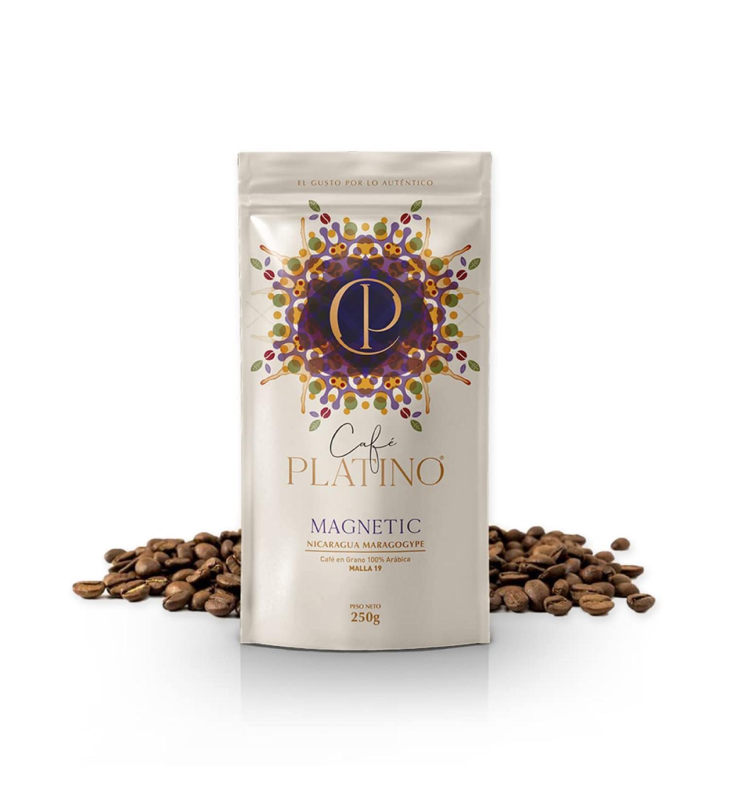 Platinum Magnetic Coffee - Nicaraguan Maragogype Roasted Coffee Beans - 250 g 100% Arabica Natural - Sweet Flavor with Intense Chocolatey Notes - Mesh 19 - Buy Online on GoSupps.com