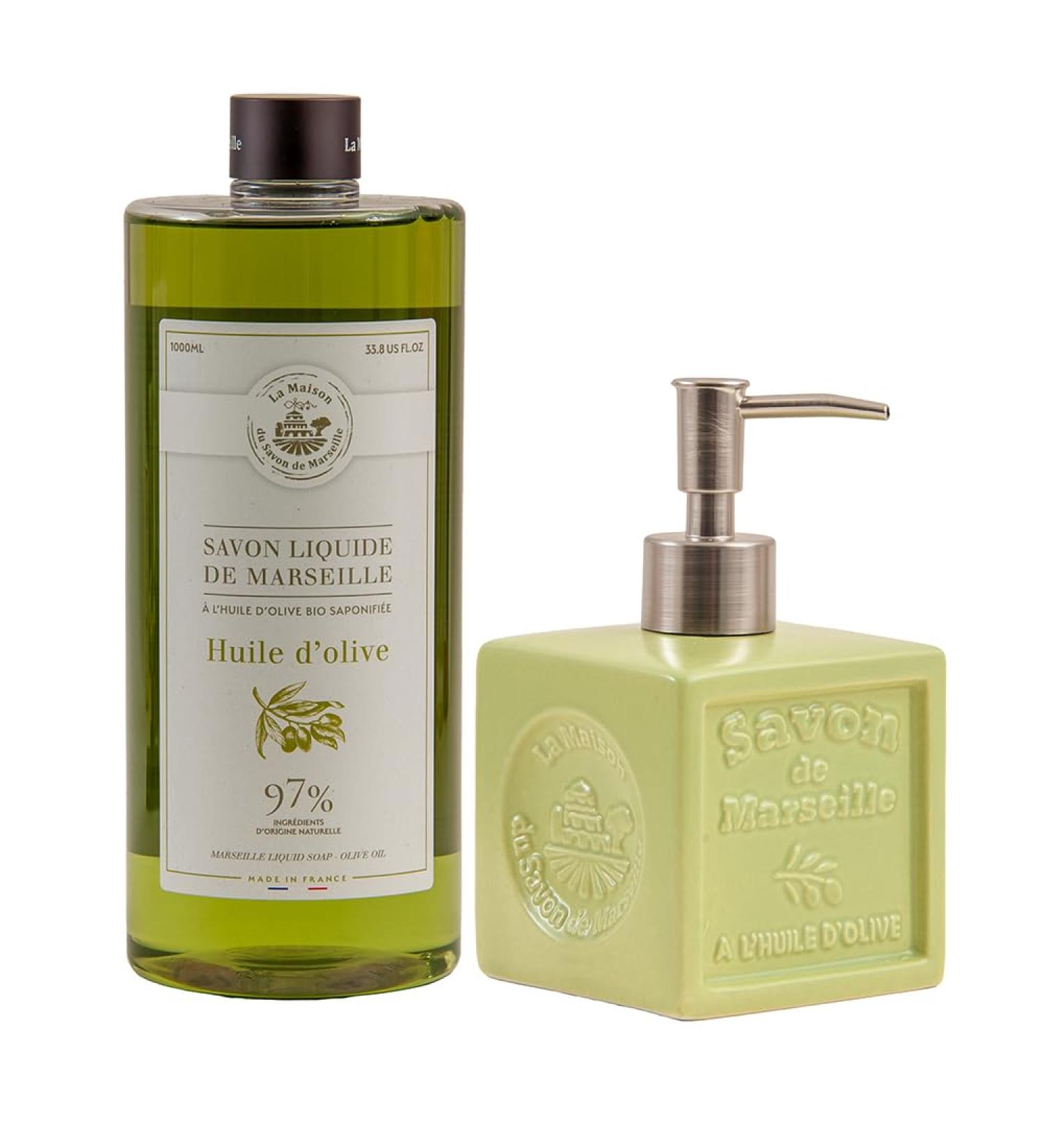 Maison Du Savon De Marseille Olive oil liquid soap with green ceramic soap dispenser 1 liter refill and 300 milliliter dispenser - Buy Online on GoSupps.com