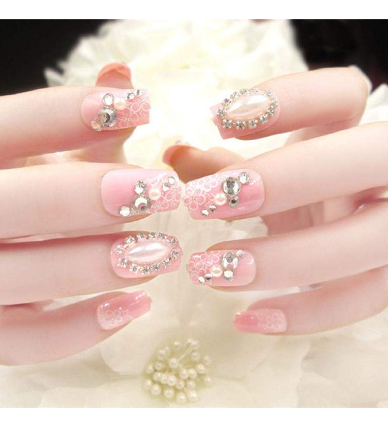 HUJL Artificial Flat False Nails - Light Pink Flower Design with Rhinestones & Gems | Manicure Must-Have - Buy Online on GoSupps.com
