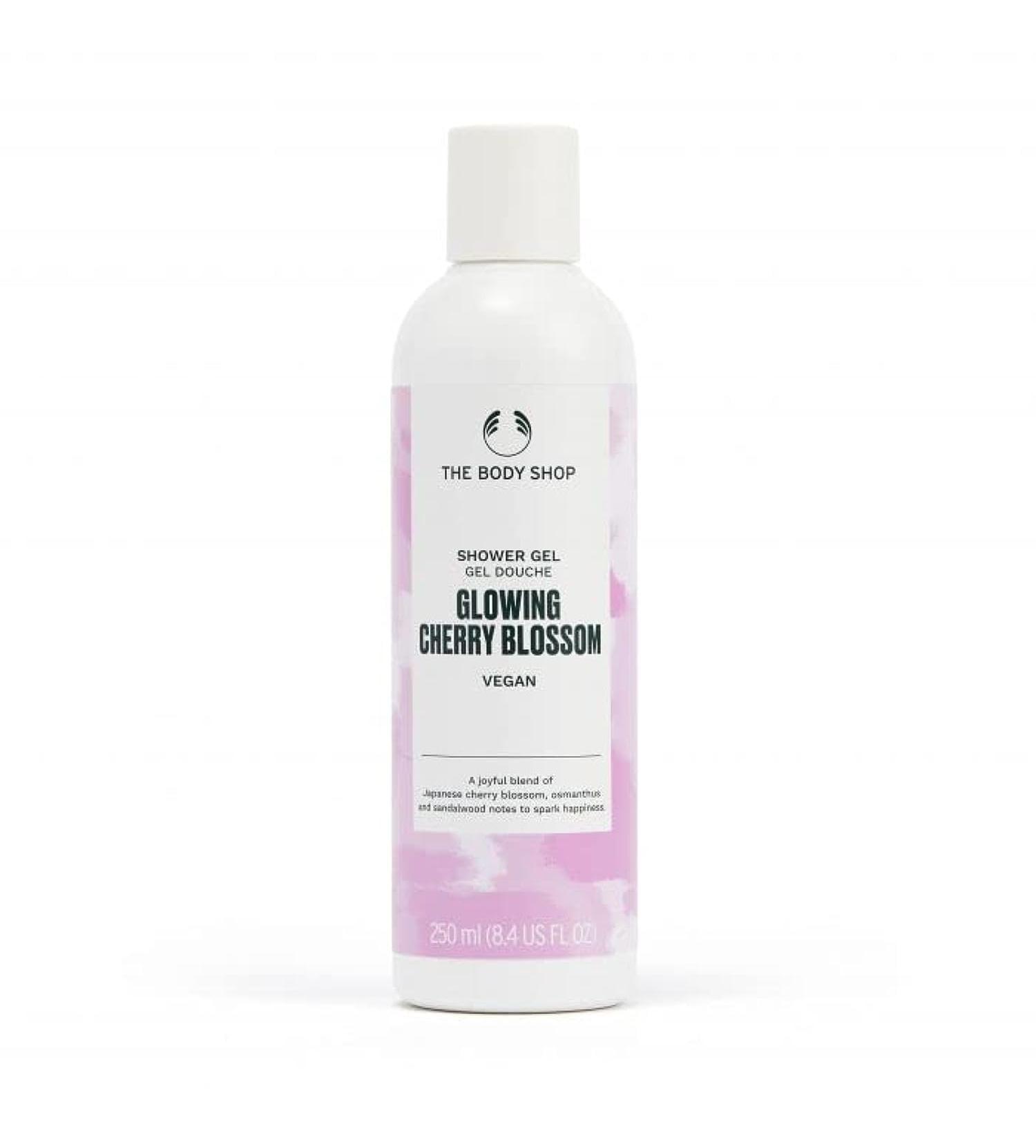 The body shop shower gel glowing cherry blossom vegan and certified product 92% natural ingredients floral fragrance bottle made of recycled plastic 250ml